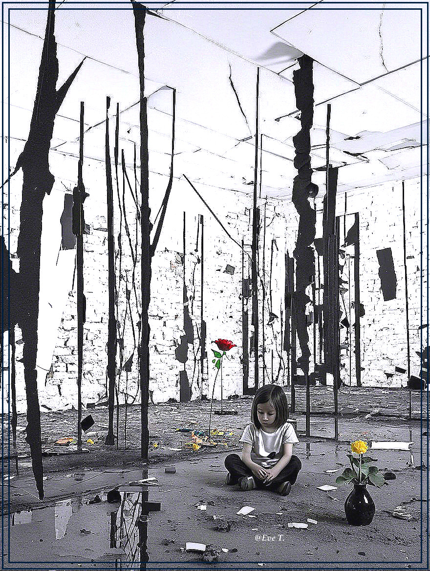 Desolate Room with Young Girl and Colorful Flowers