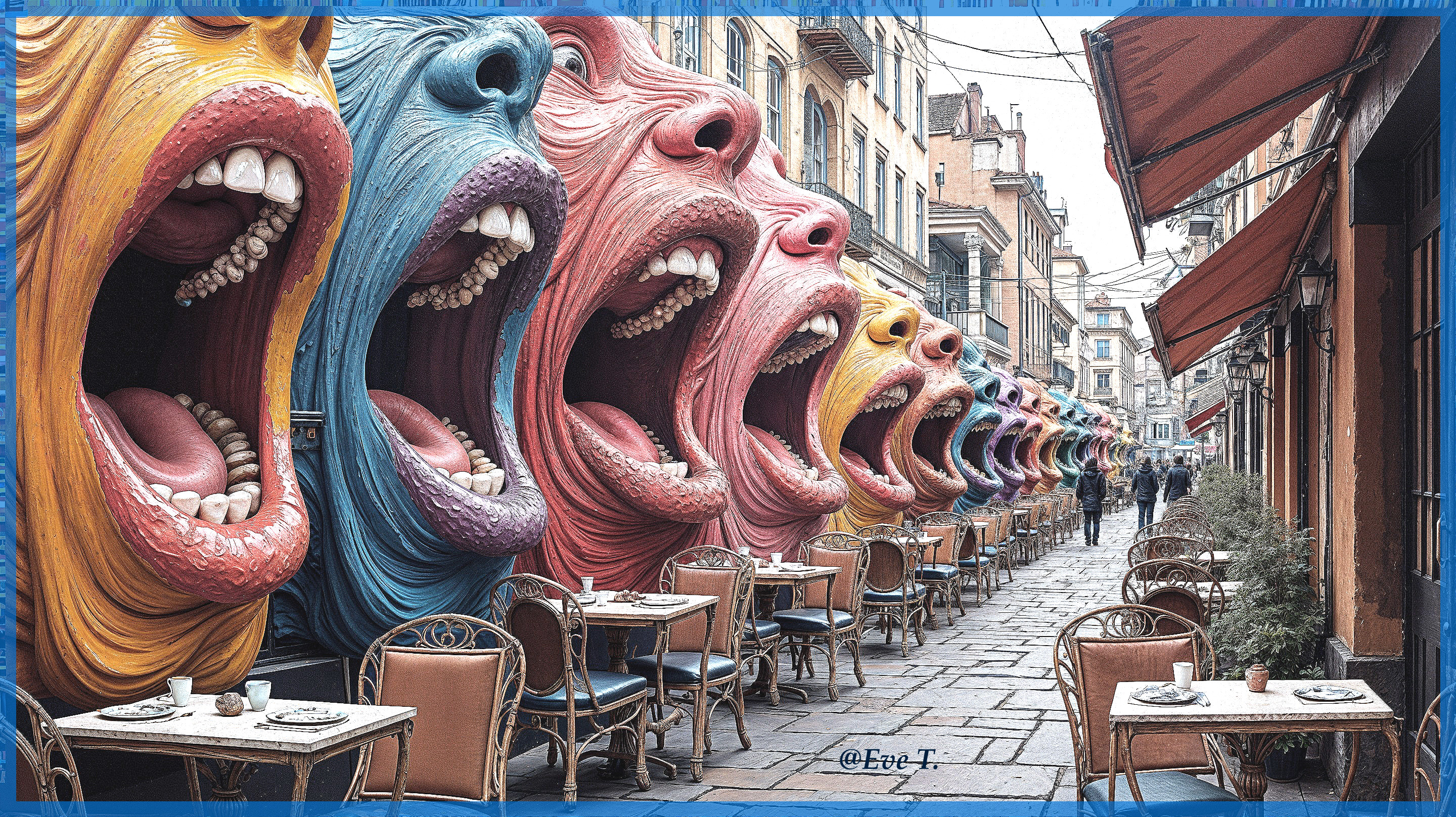 Colorful Giant Faces in a Vibrant Street Scene