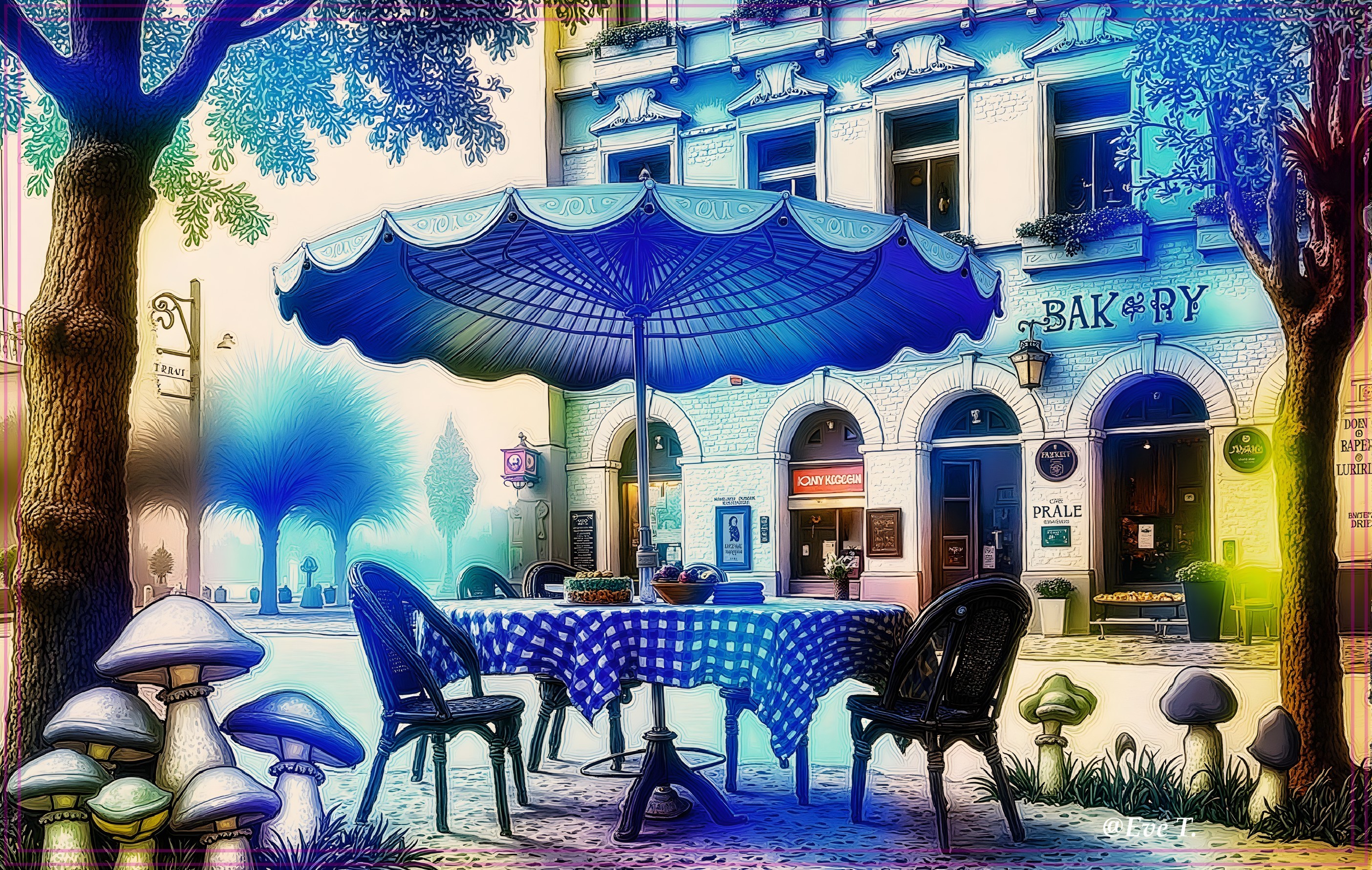 Vibrant Café Scene with Blue Umbrella and Greenery