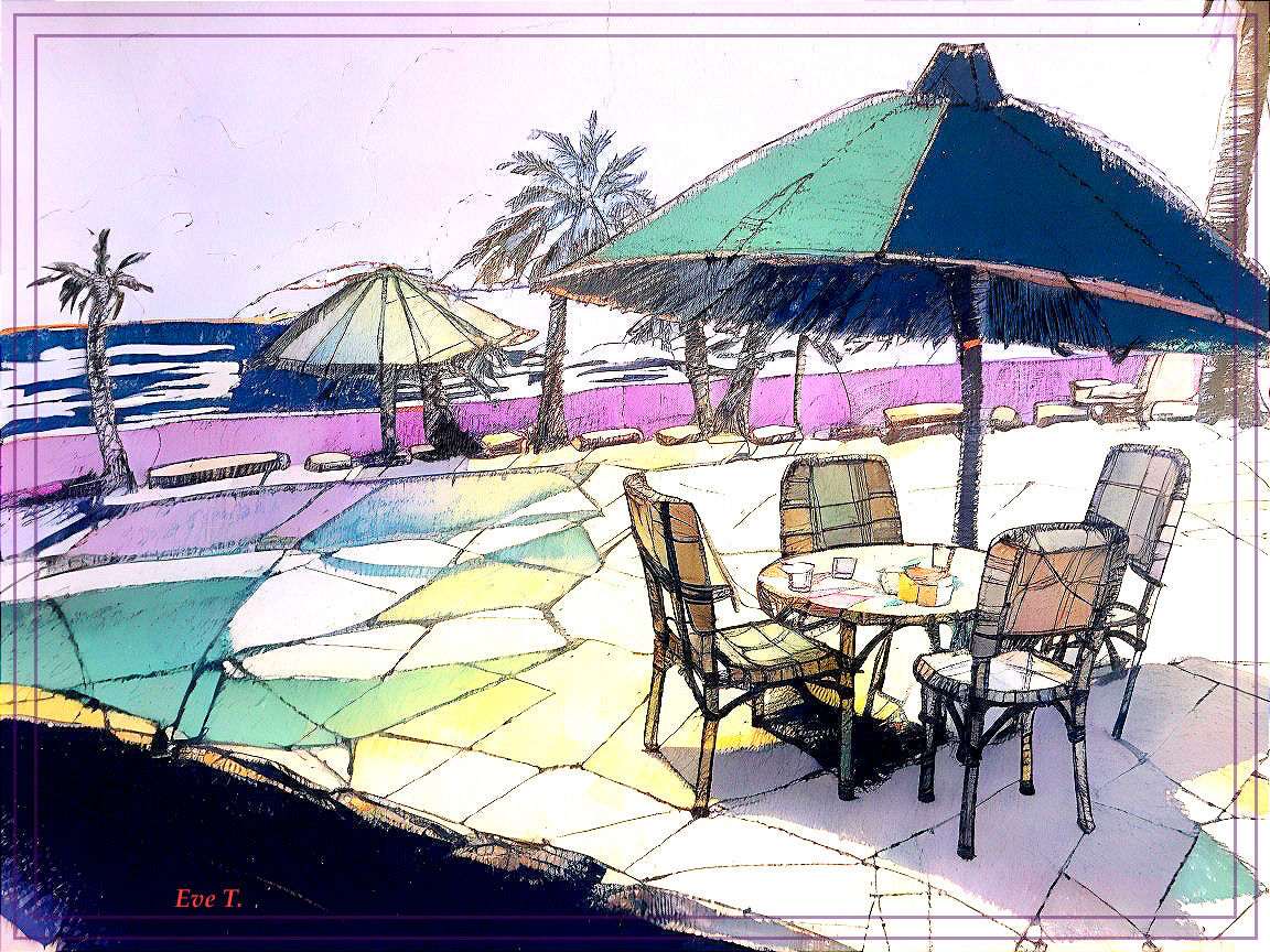 Vibrant Beach Scene with Lounge Chairs and Umbrellas