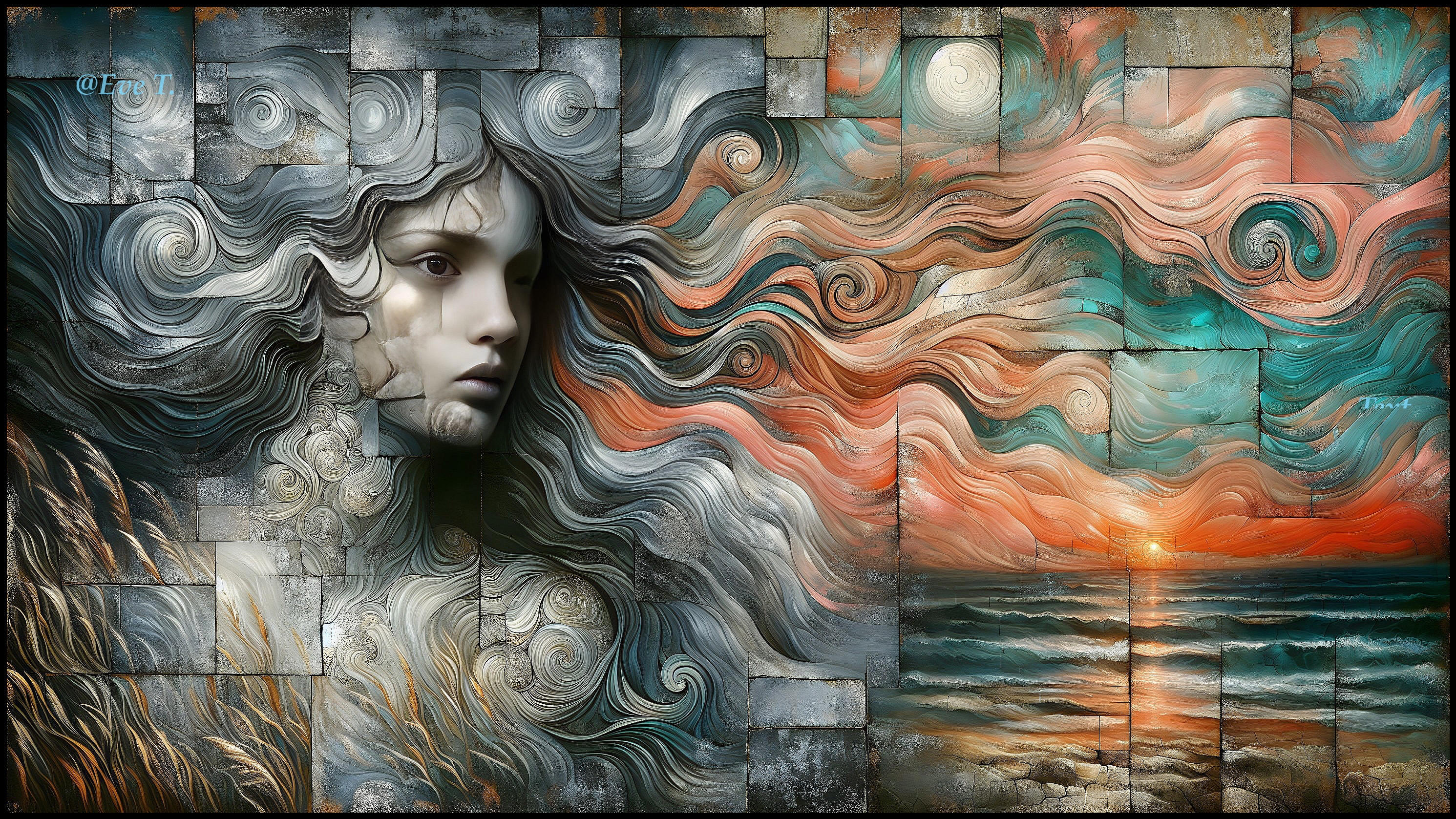 Surreal Artwork of Woman's Face in Textured Hair Waves