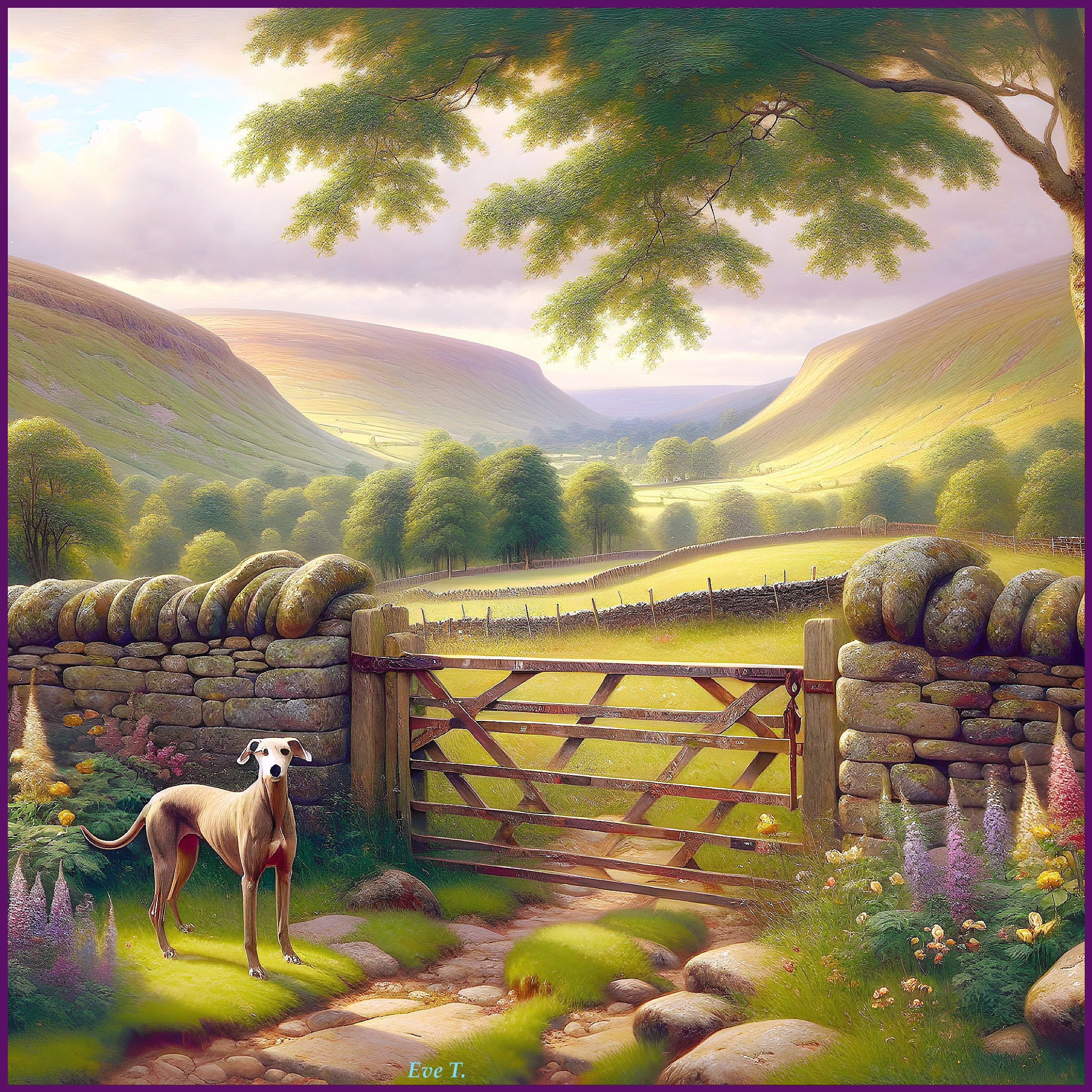 Serene Landscape with Hills, Wildflowers, and Whippet