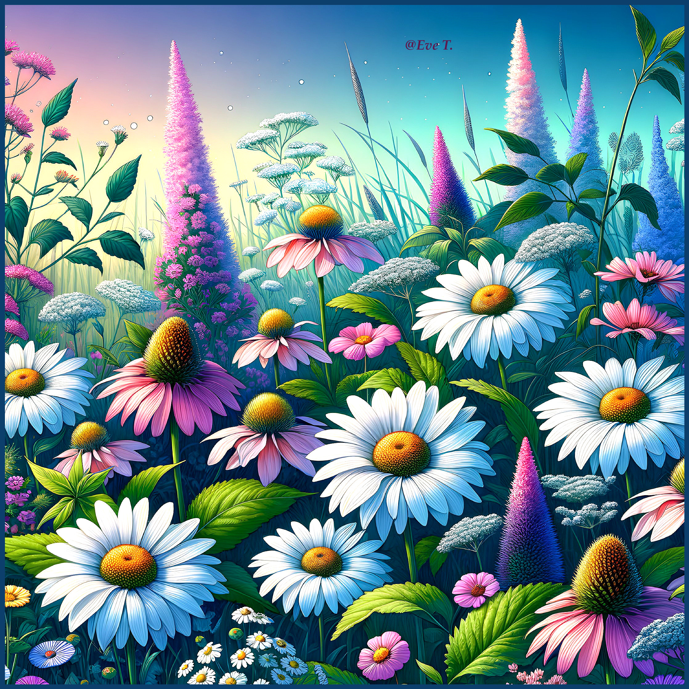Vibrant Meadow with Colorful Flowers and Gradient Sky