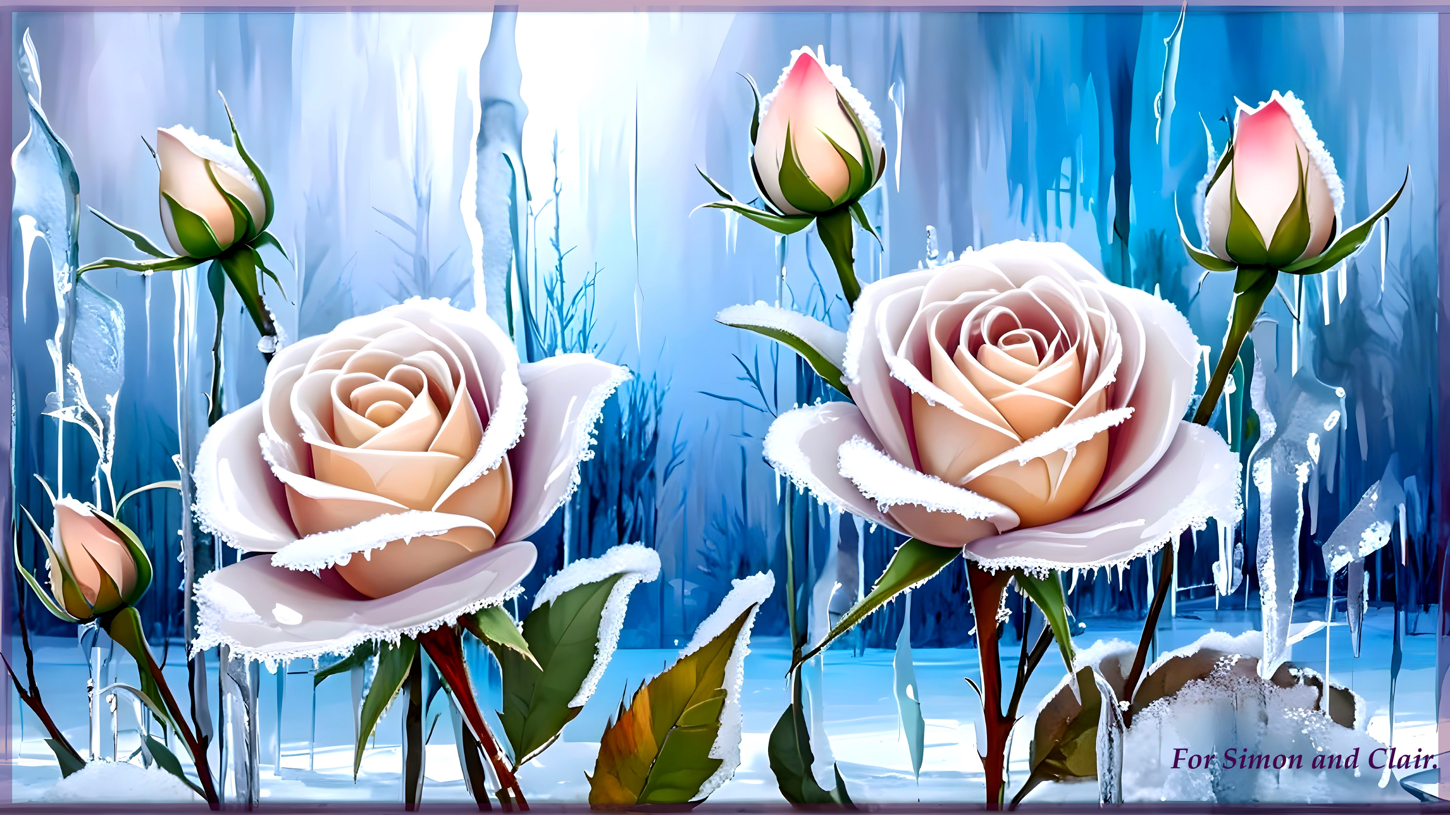 Blooming Roses with Frosted Petals in Winter Scene