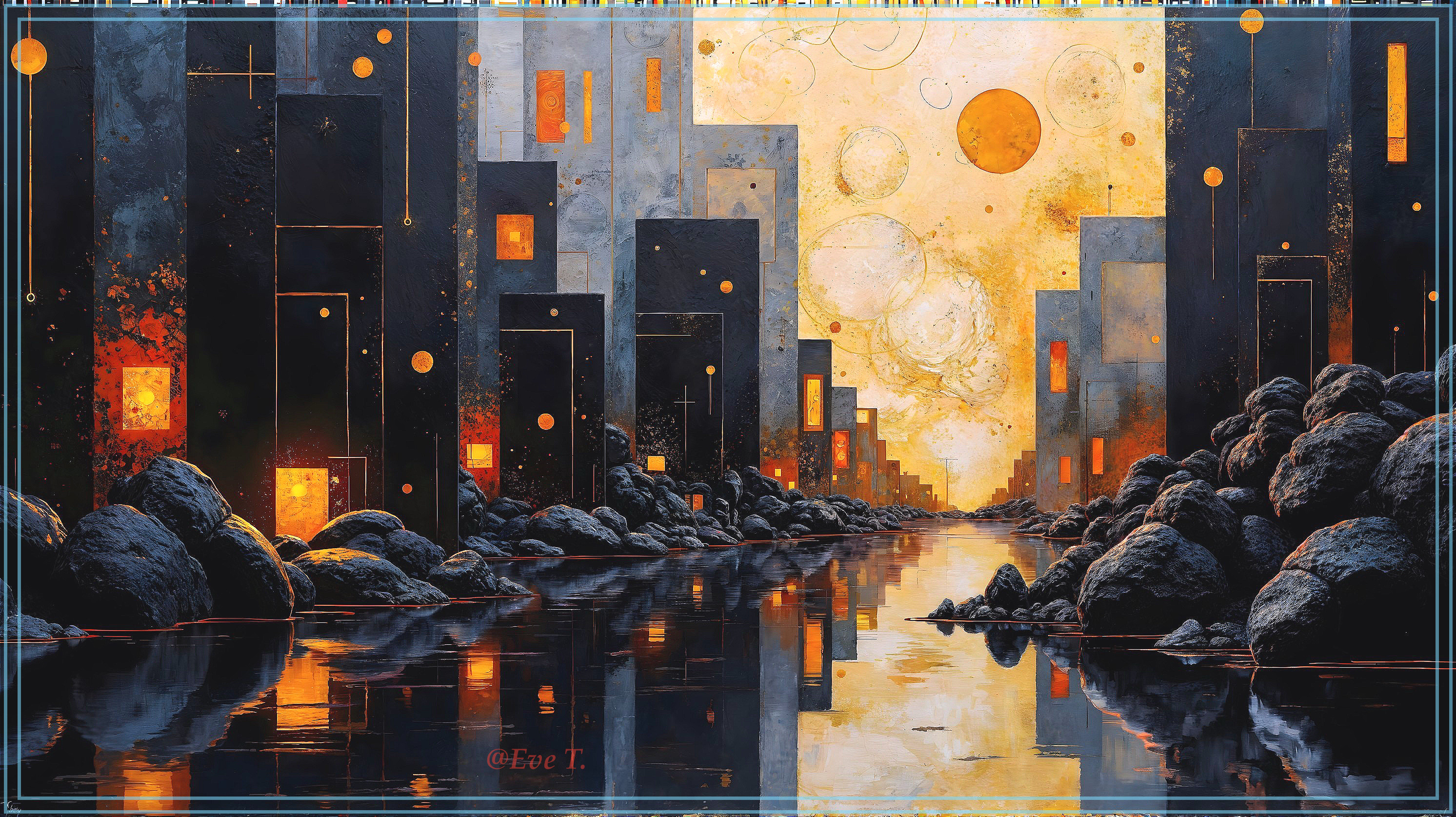 Urban Landscape at Dusk with River Reflection