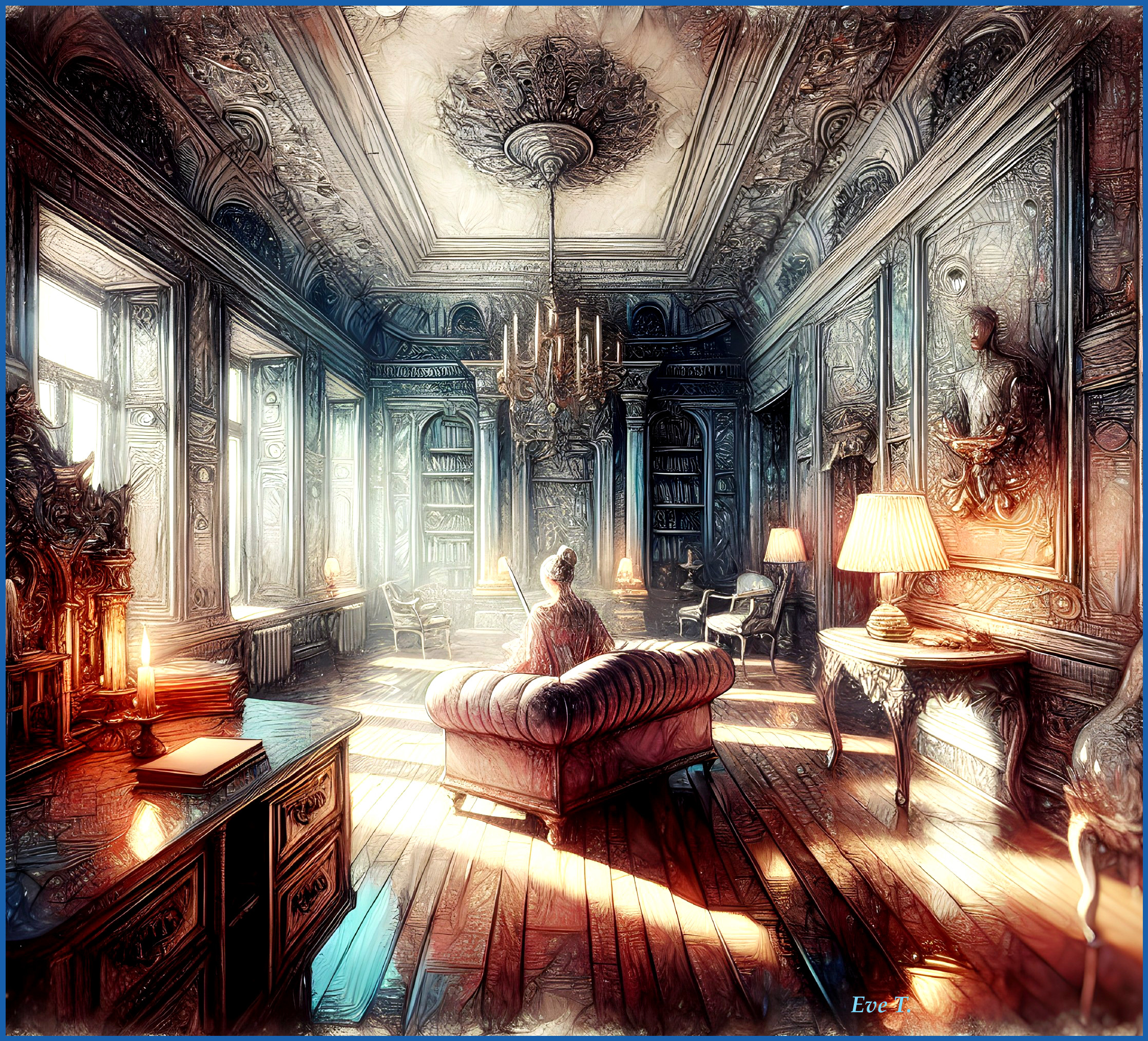 Opulent Sunlit Library with Intricate Woodwork and Books