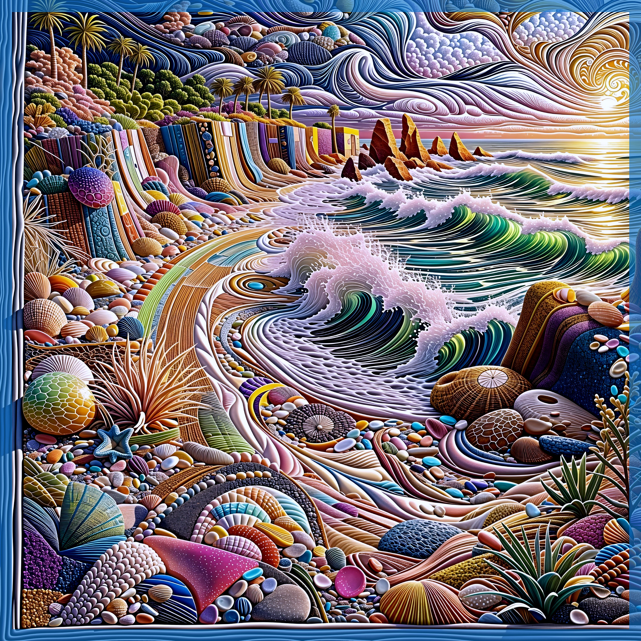 Vibrant Coastal Scene with Colorful Waves and Cliffs