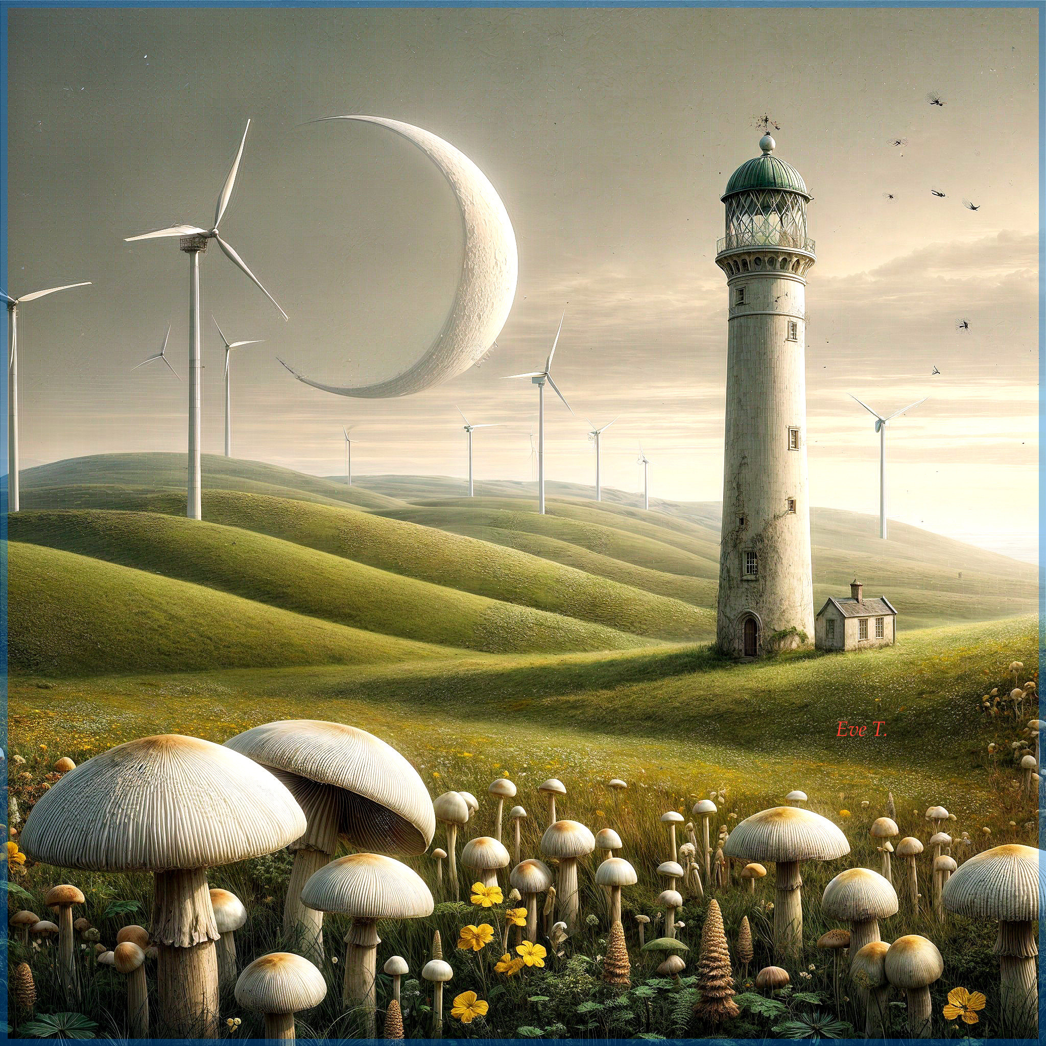 Whimsical Landscape with Lighthouse and Wind Turbines