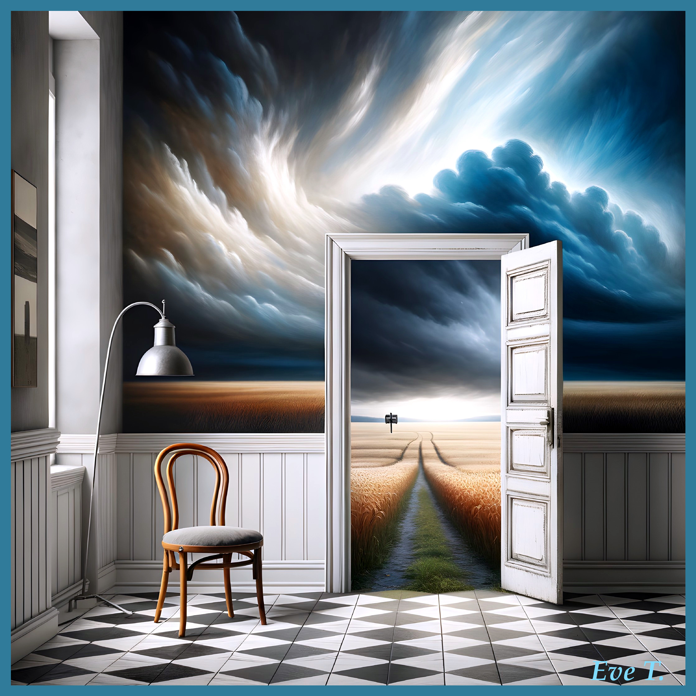 Surreal Interior with Door to Dramatic Landscape