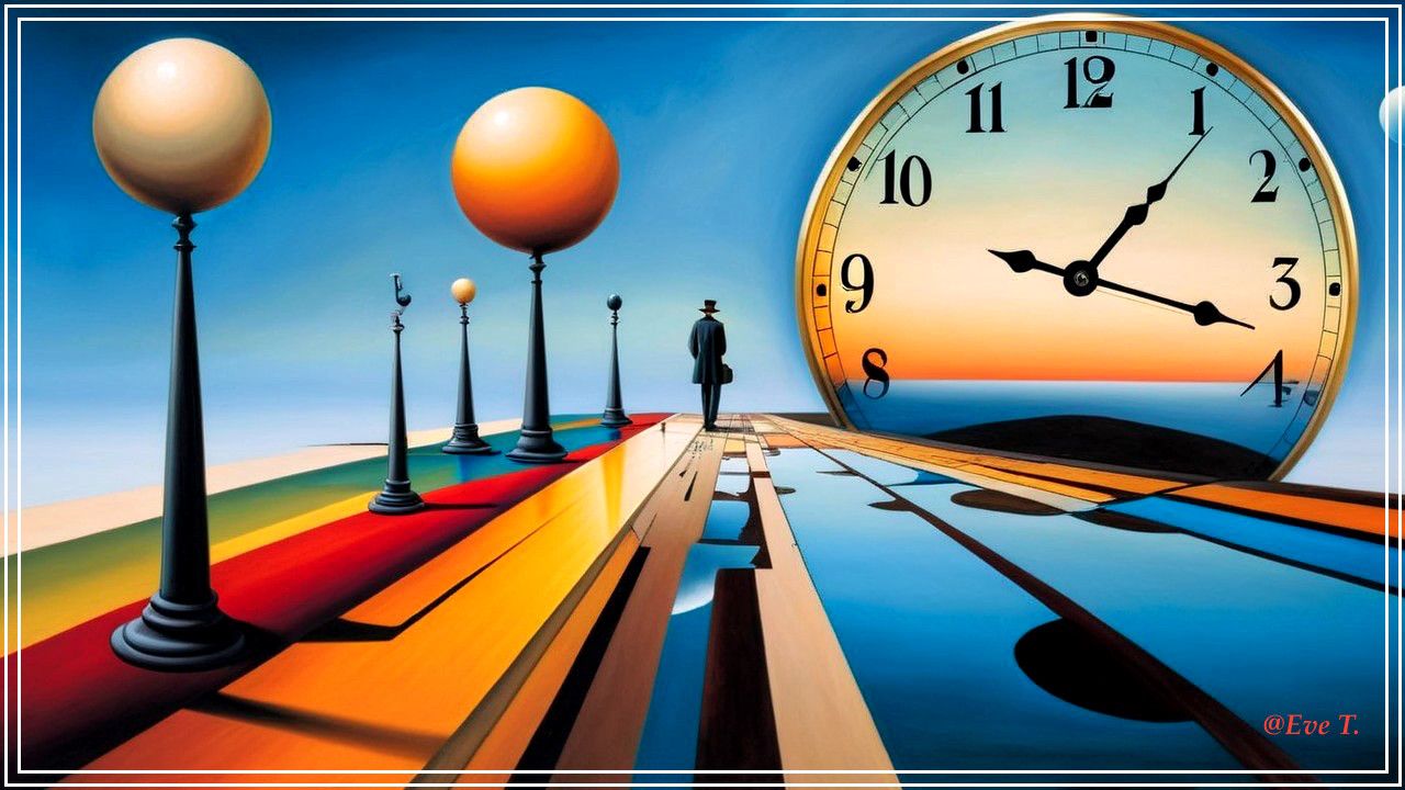 Surreal Landscape with Colorful Paths and Clock