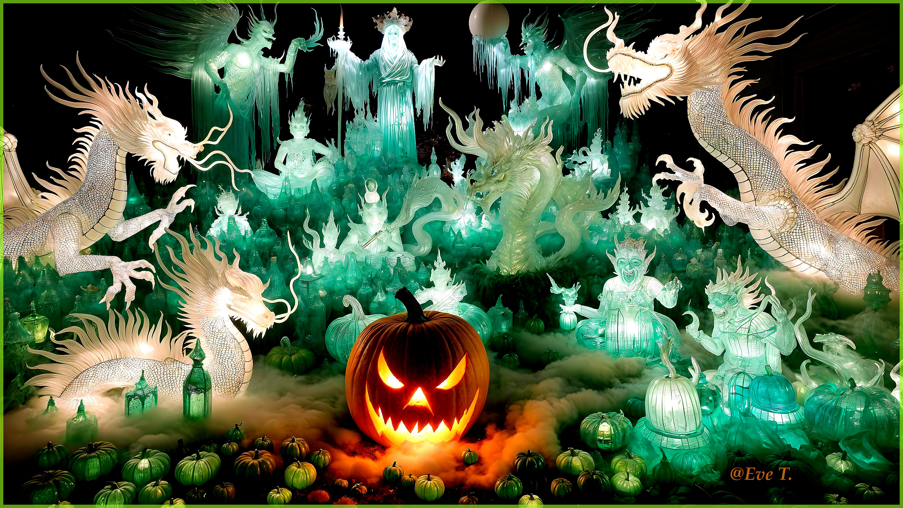 Mystical Lanterns and Pumpkins in Foggy Fantasy Scene