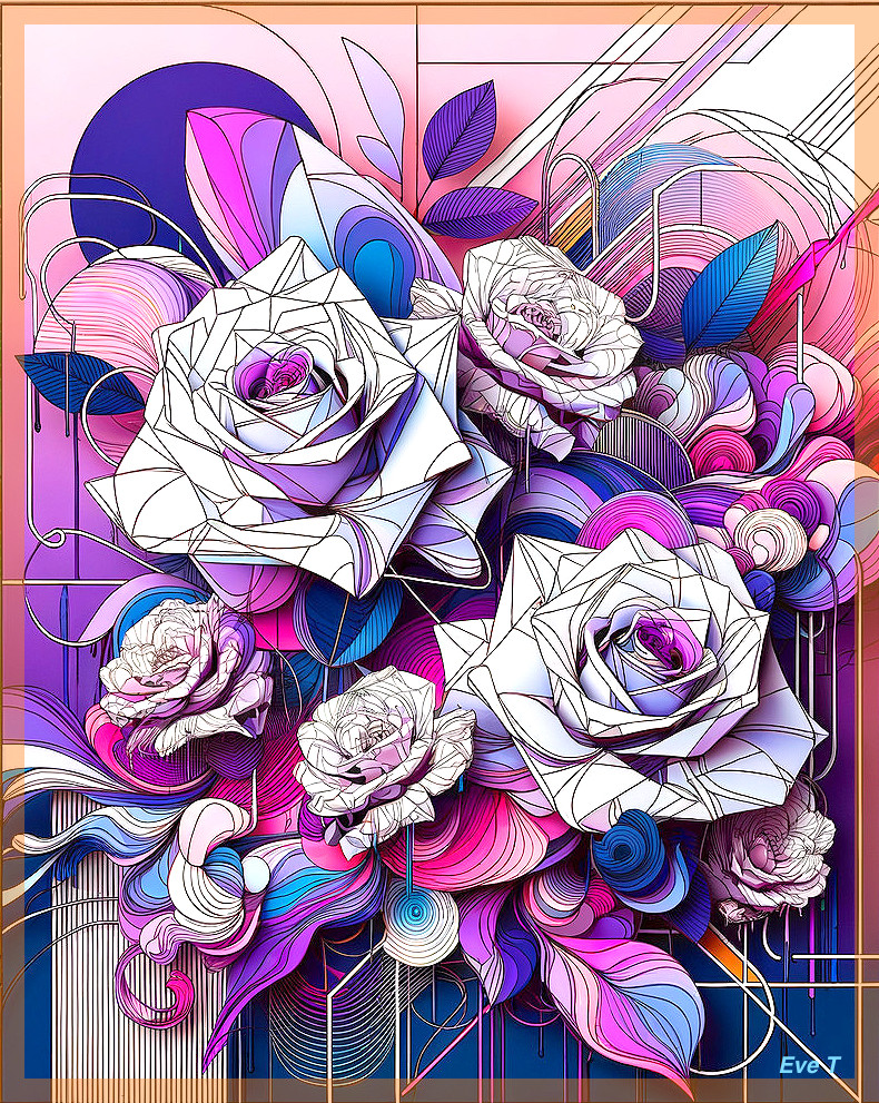 Stylized Illustration of Blooming Roses with Abstract Colors