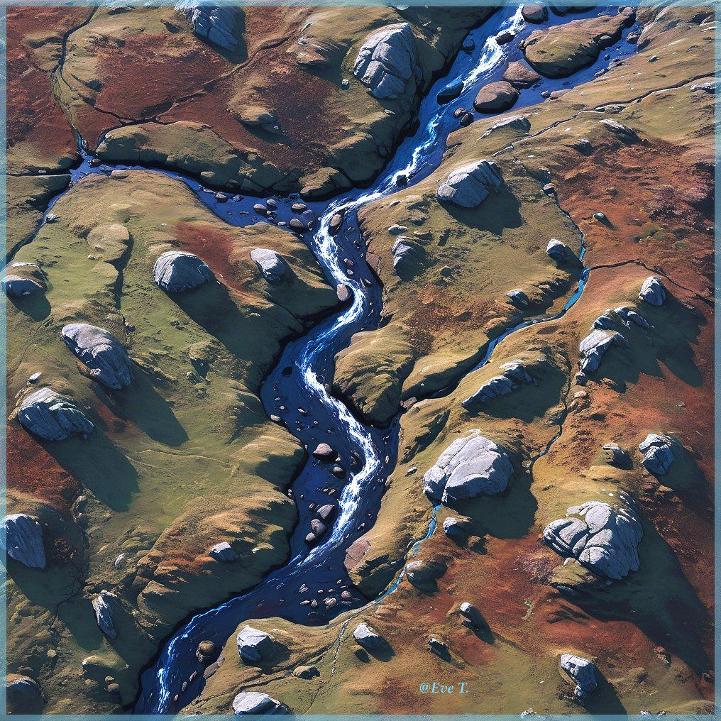 Aerial View of a River Through Green and Brown Hills