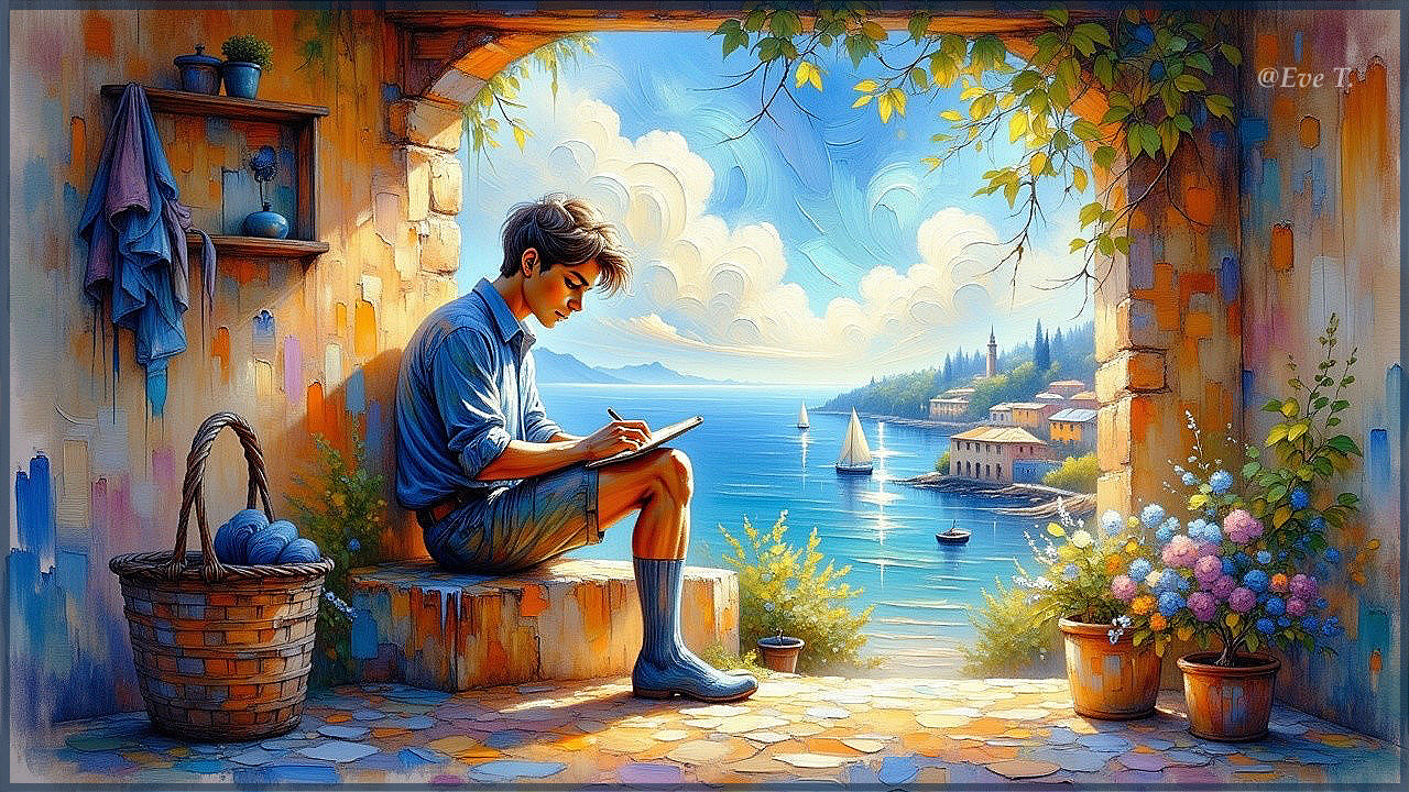 Coastal Scene with Boy Writing and Sailboats in Background