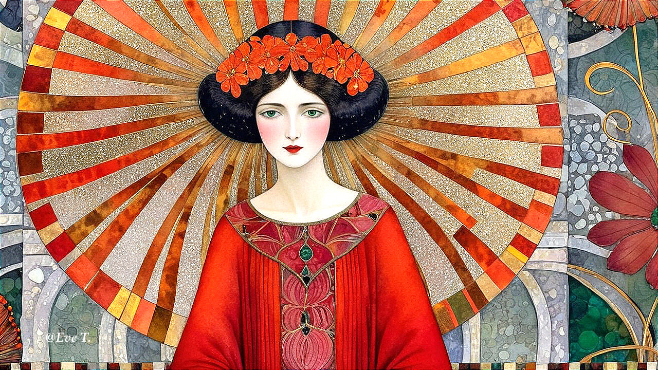 Stylized woman in floral crown and vibrant red robe