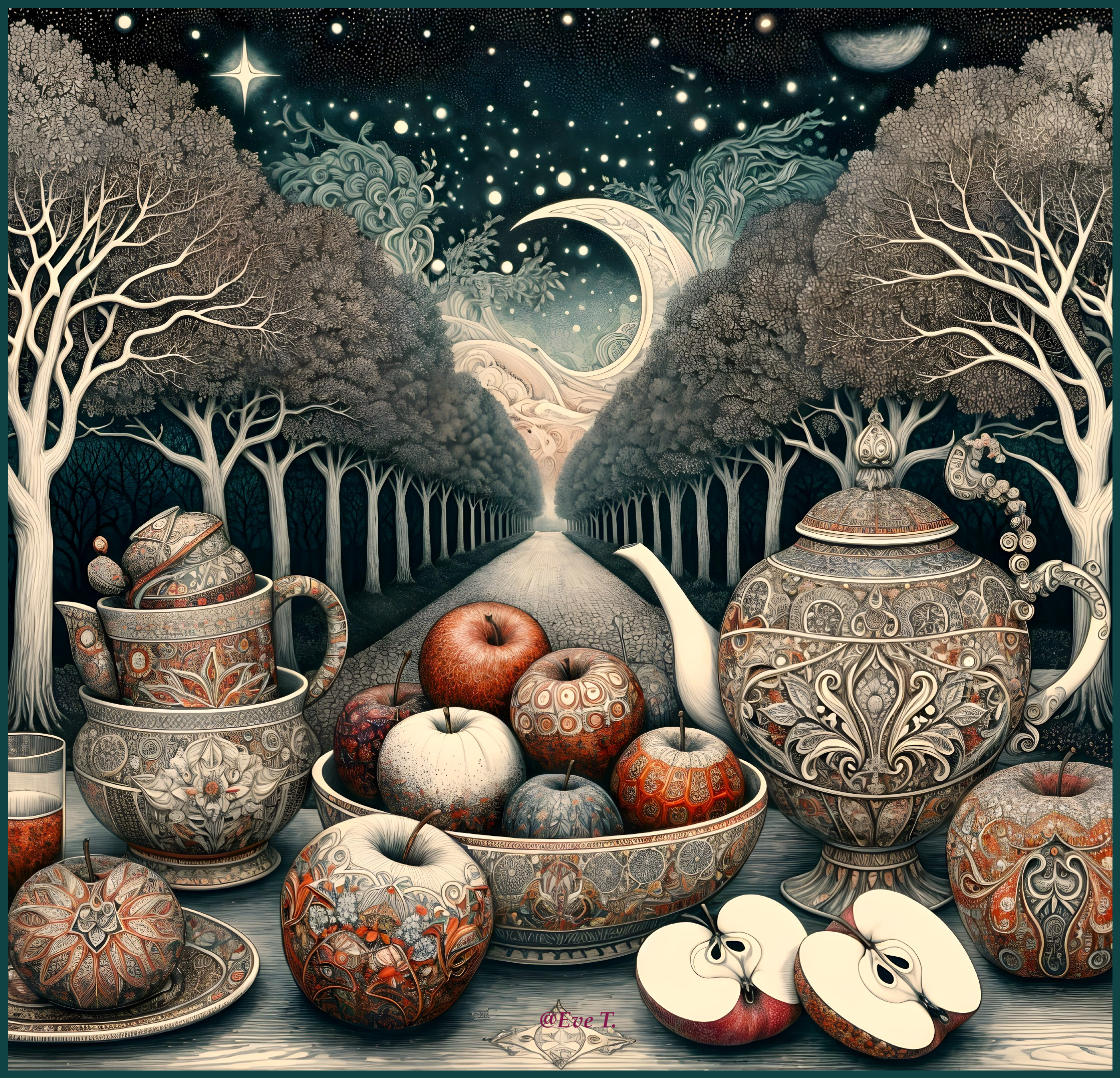 Surreal Still Life with Fruit and Teapots Under Stars