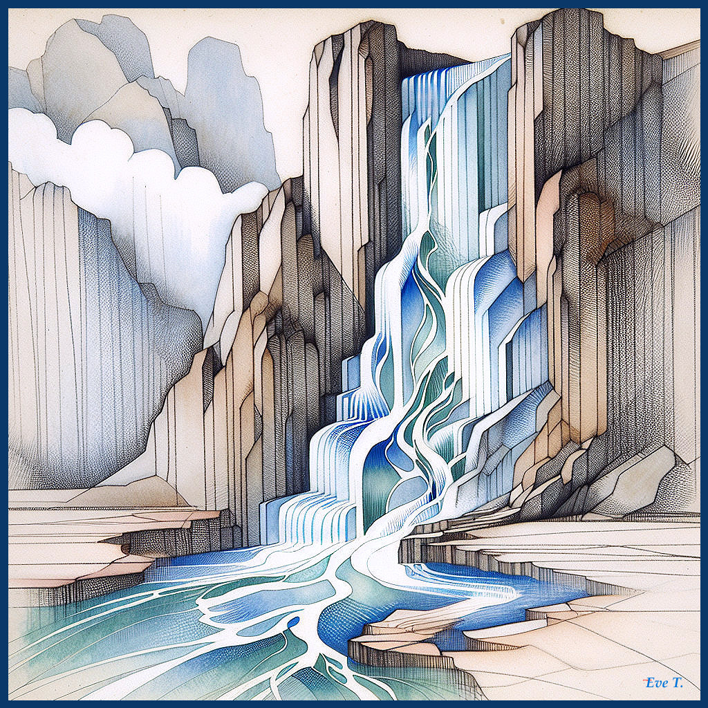 Waterfall Cascading Down Tiered Cliffs with Abstract Elements