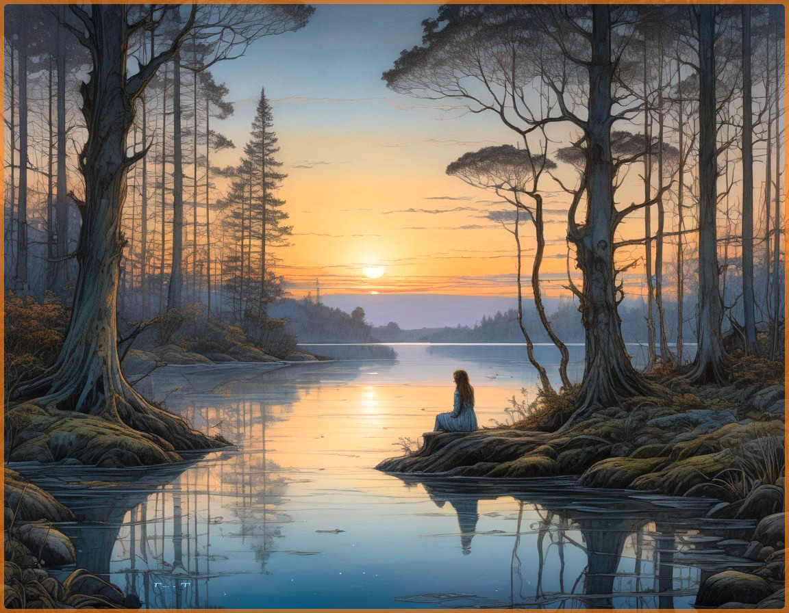 Serene Lakeside Scene at Dusk with Colorful Sunset