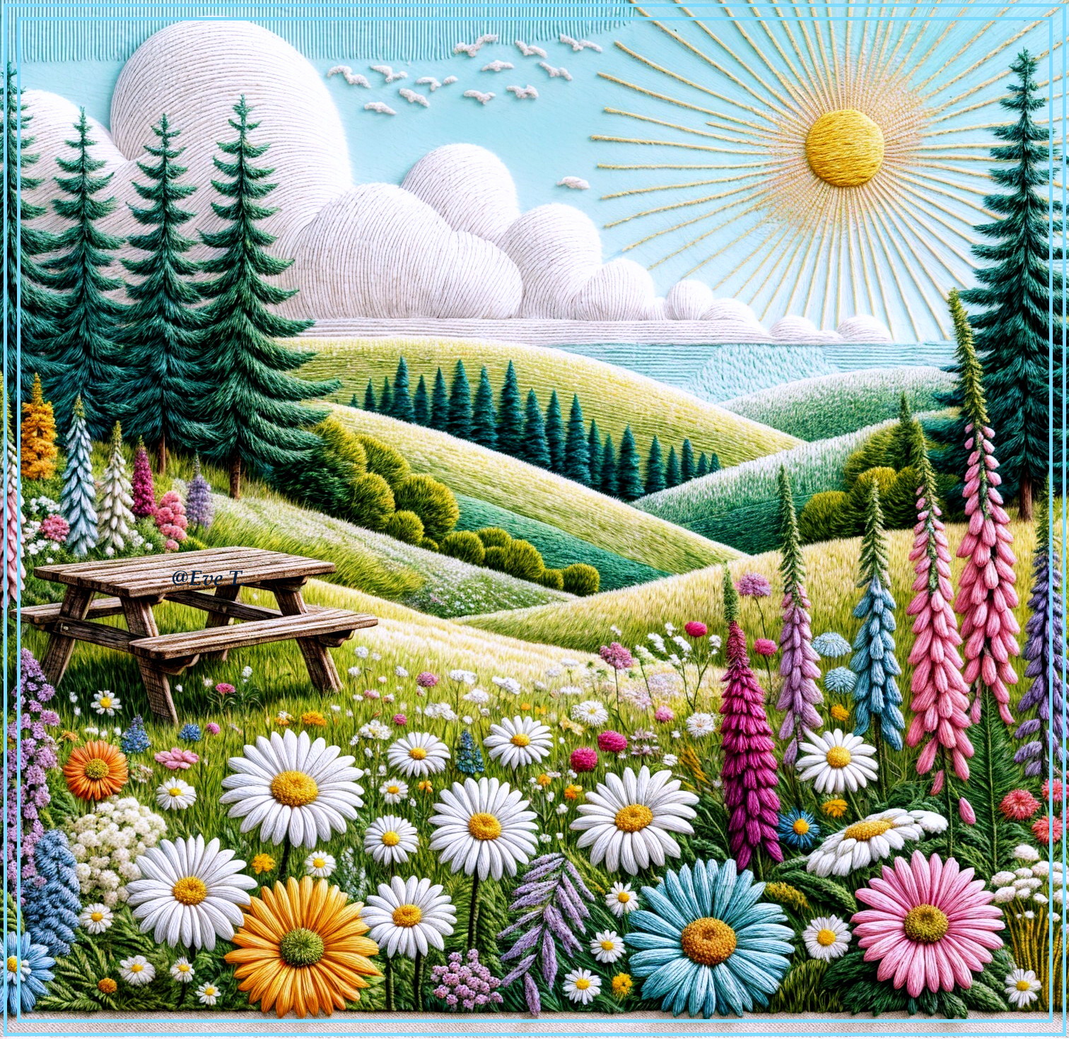 Vibrant Landscape with Flowers and Picnic Table