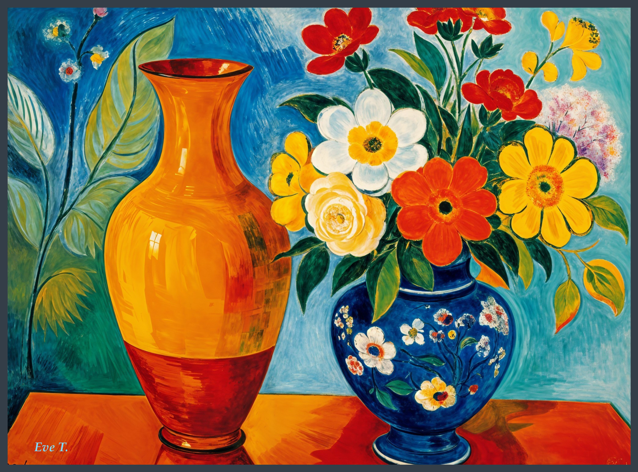 Vibrant Still Life with Colorful Vases and Flowers