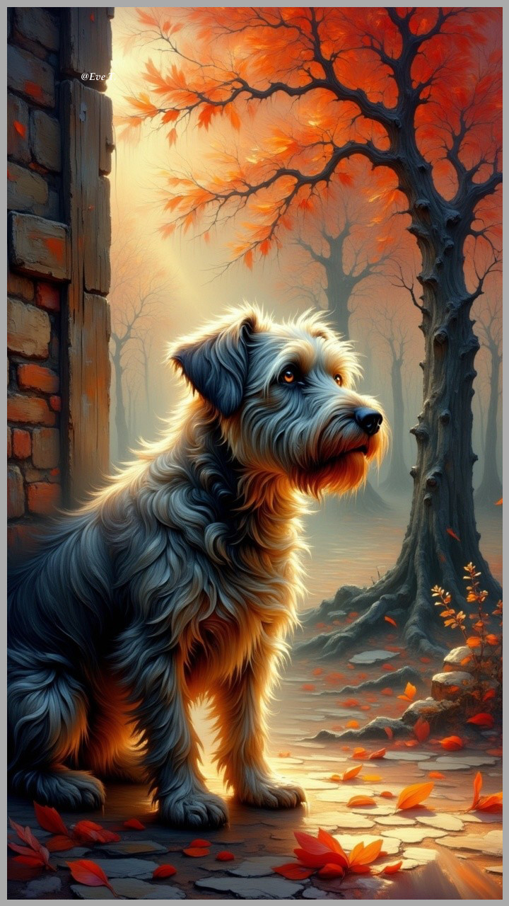 Fluffy Dog in Autumn Landscape with Golden Light