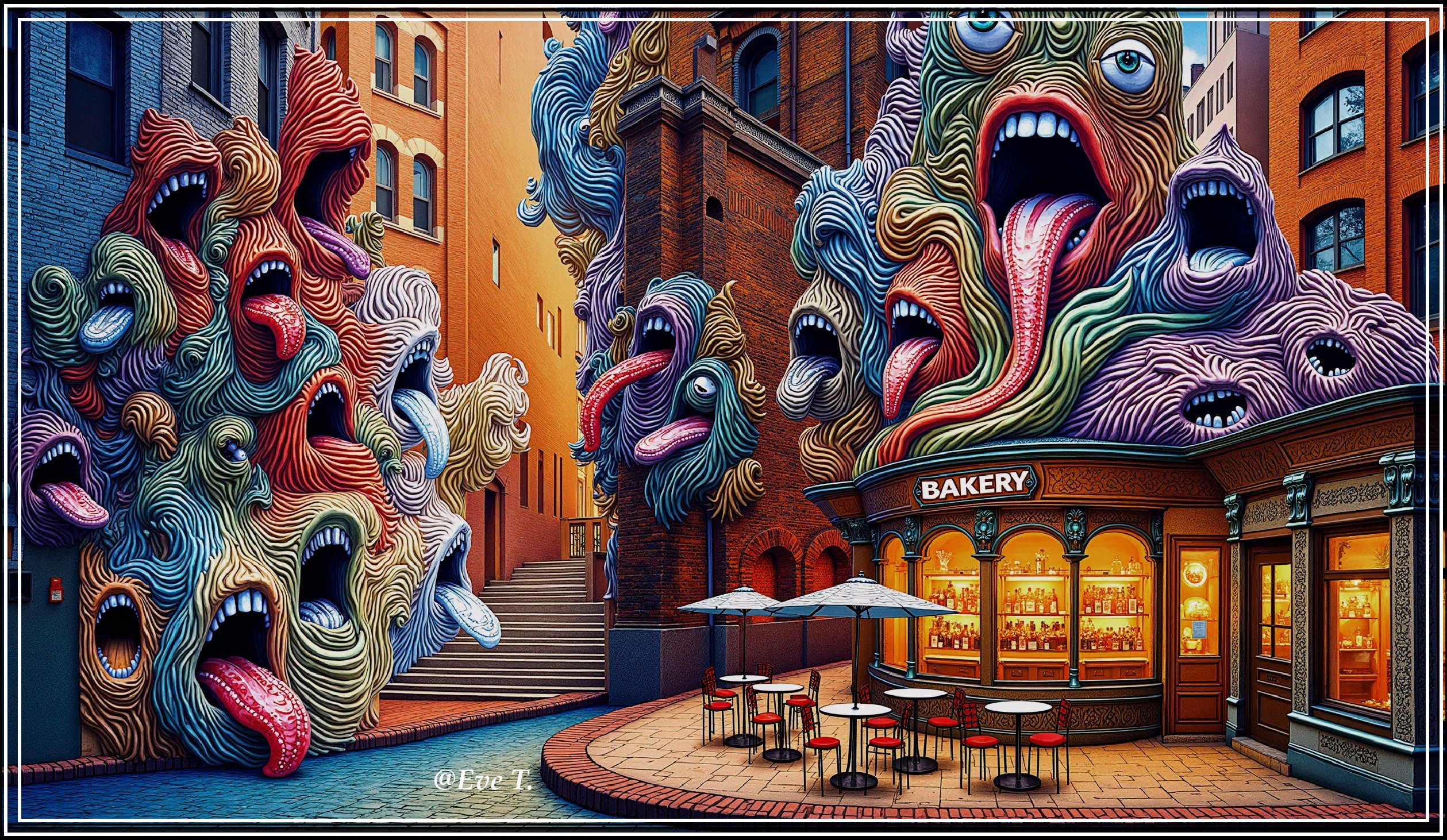 Surreal Urban Scene with Grotesque Wall Faces