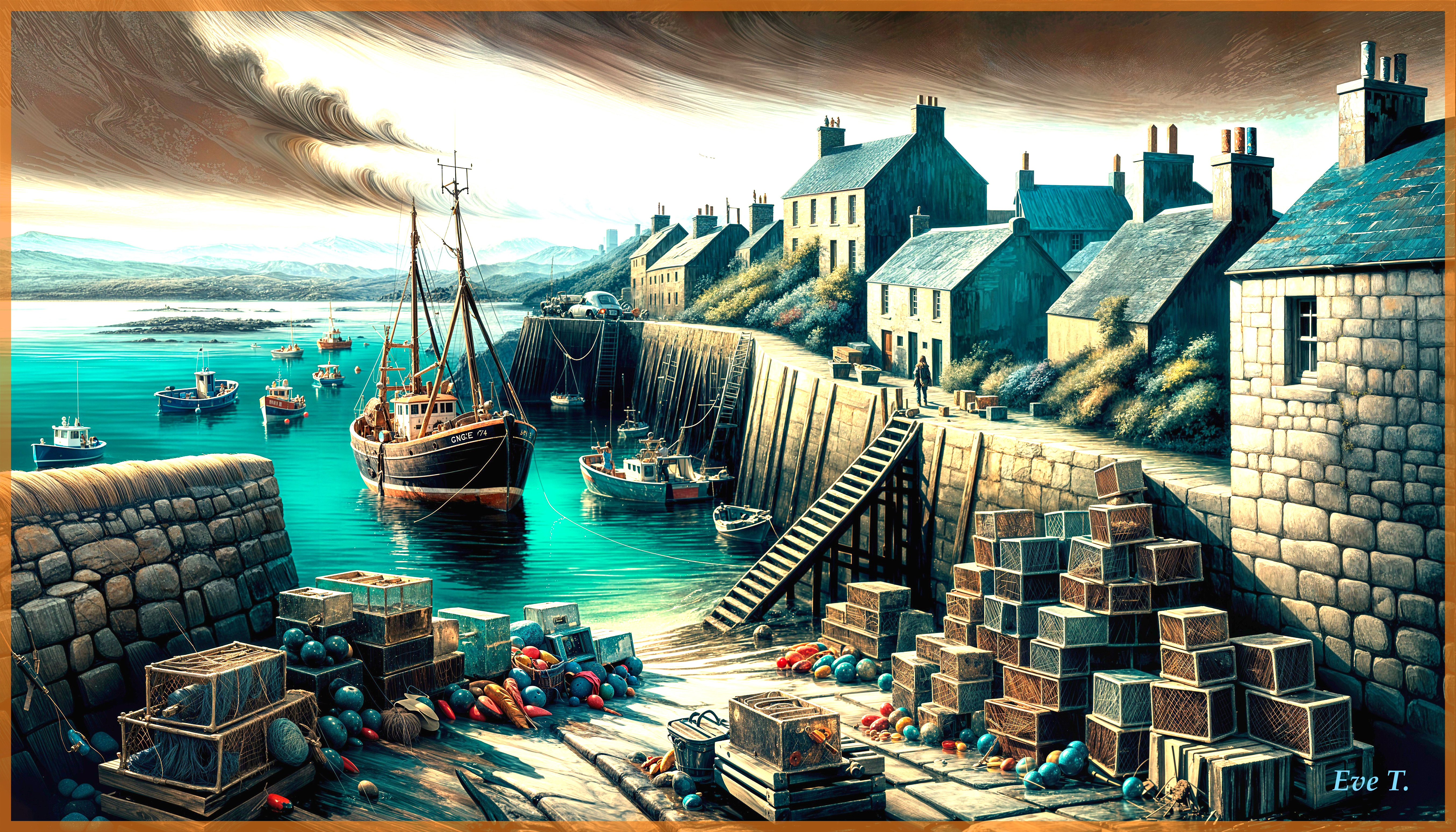 Serene Coastal Scene with Harbor and Fishing Boat