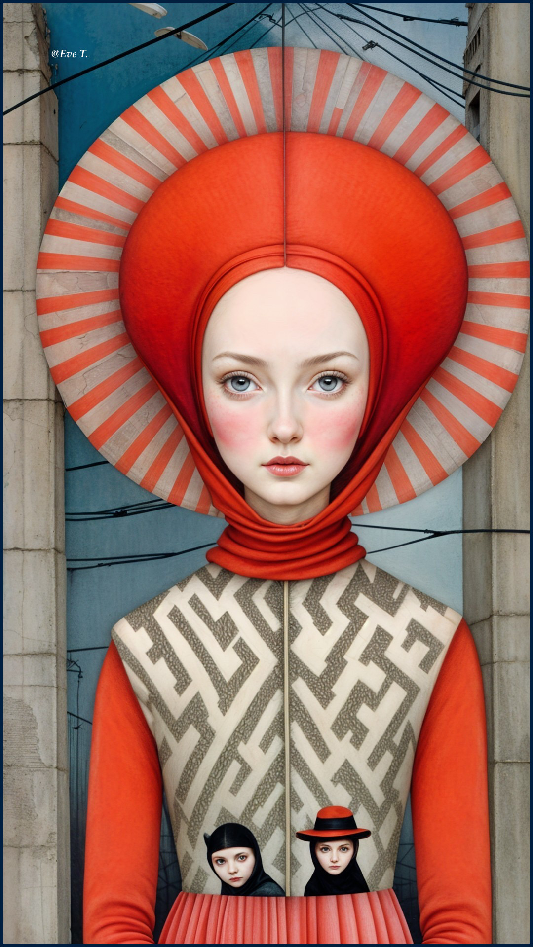 Artwork with a figure in red headpiece and urban backdrop