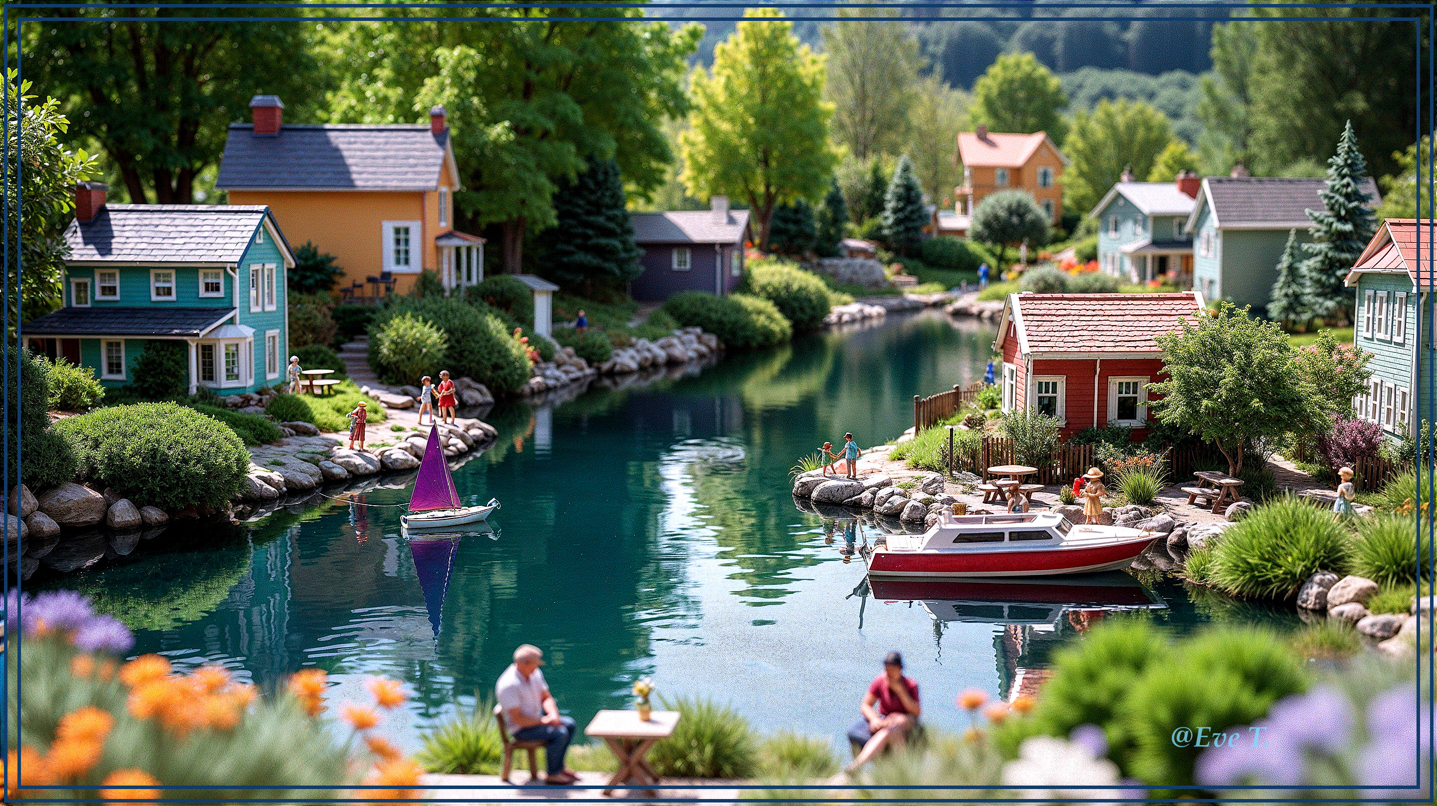 Miniature Village by Tranquil River with Colorful Houses