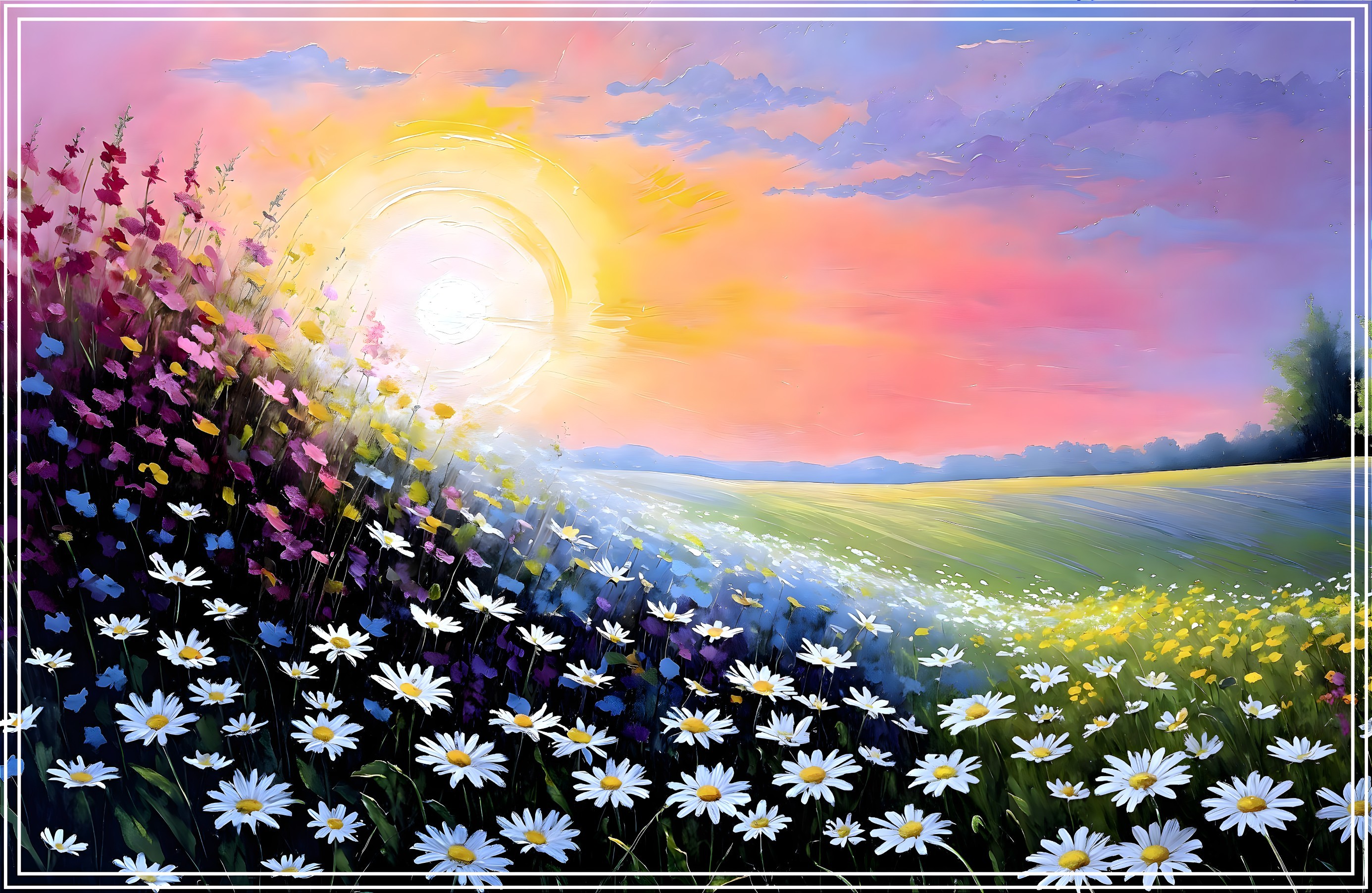 Vibrant Landscape with Sunrise Over Colorful Flowers