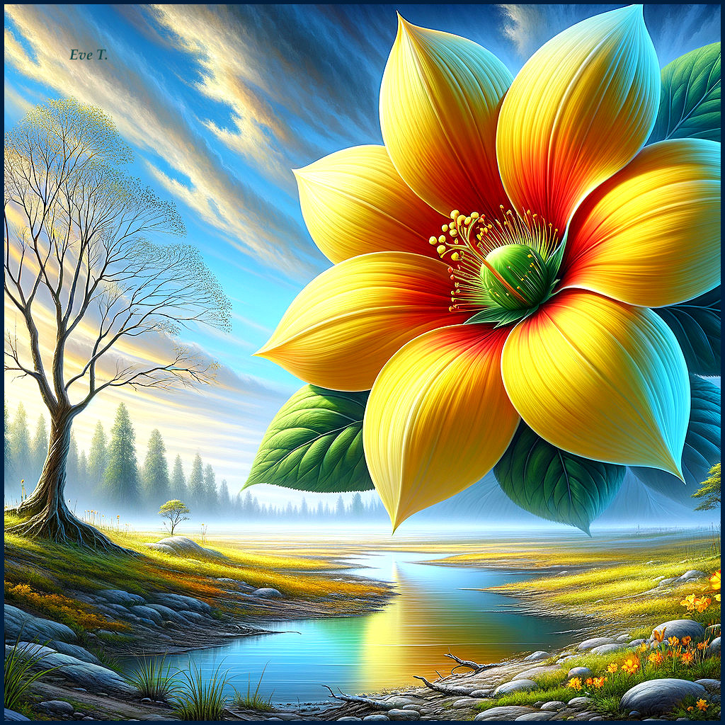 Vibrant Landscape with Luminous Flower and River