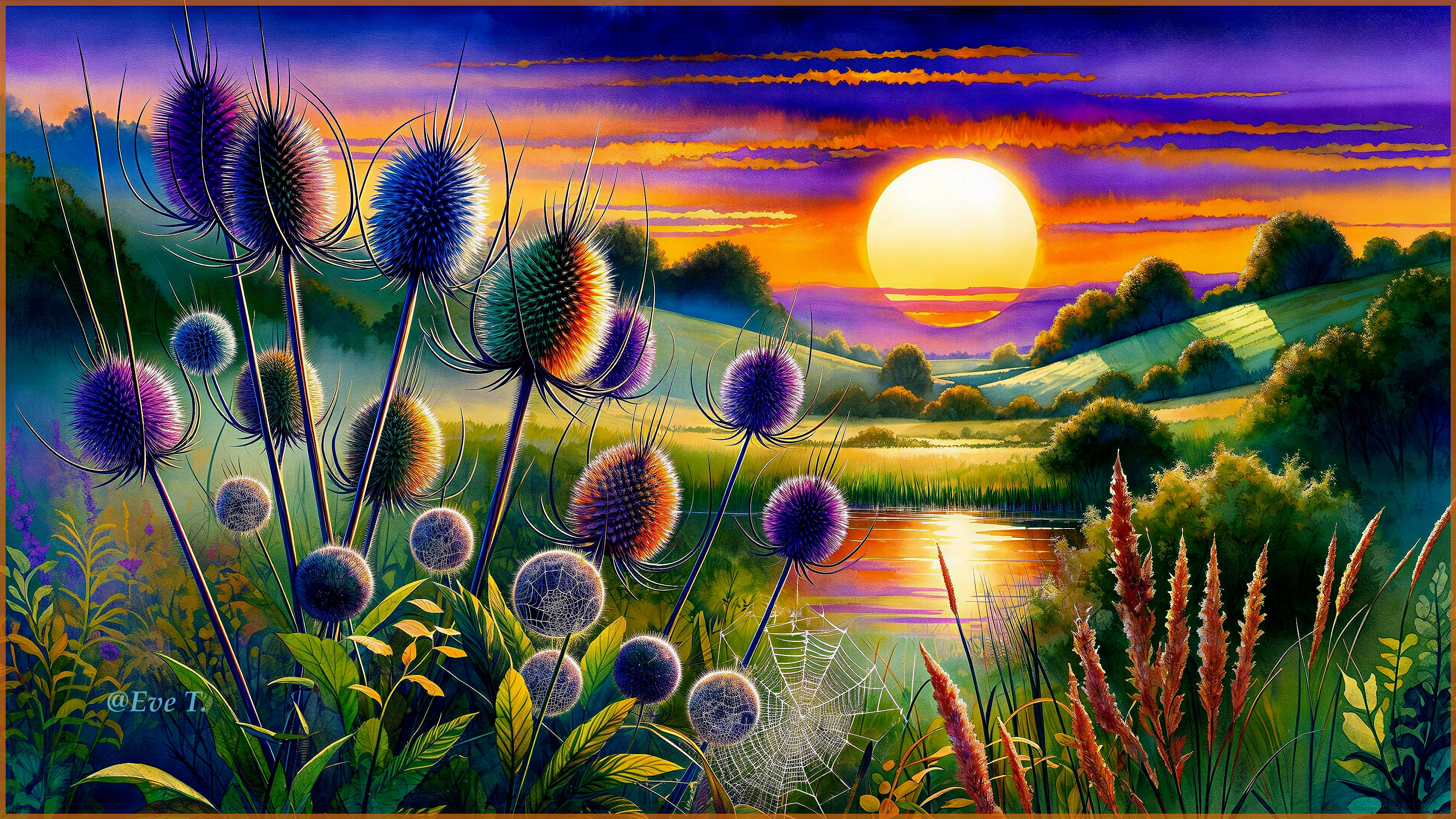 Vibrant Sunset Over Landscape with Thistle Plants