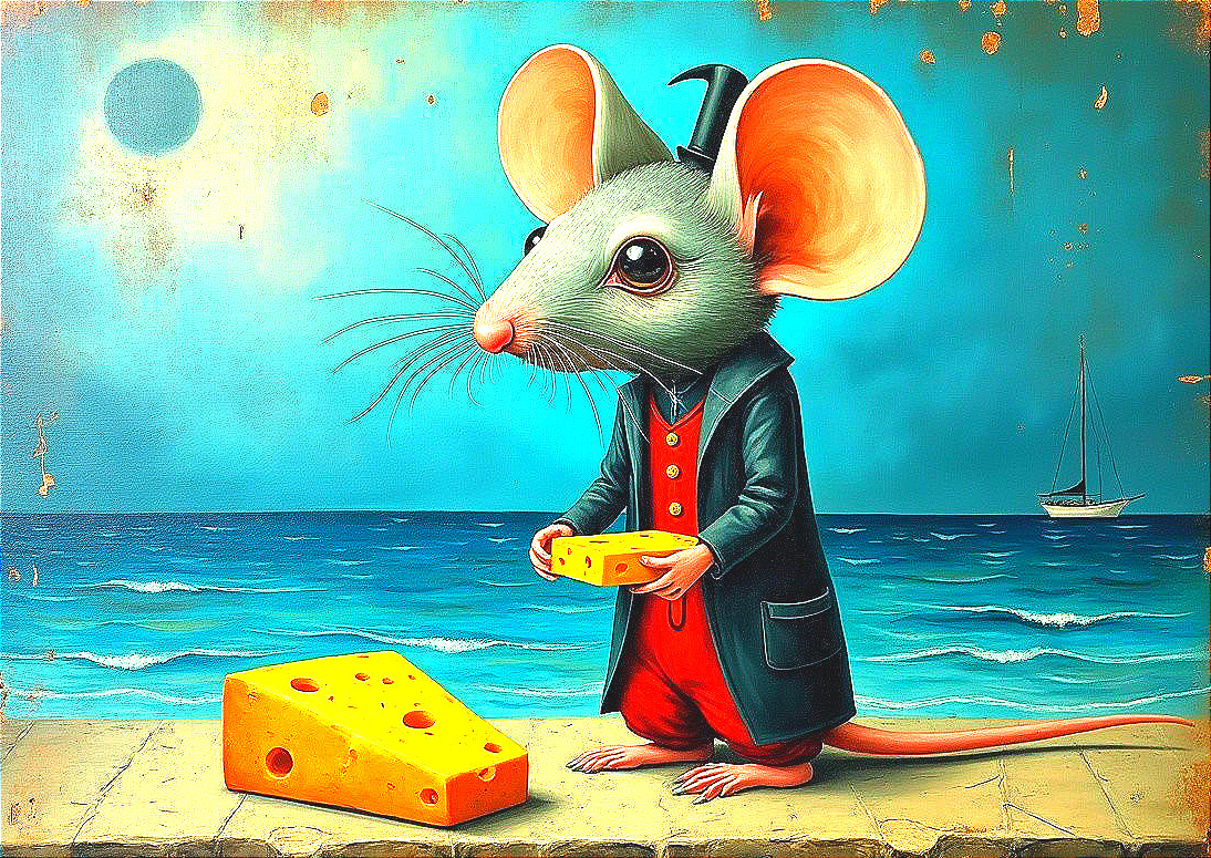 Whimsical Painting of a Mouse by the Seaside