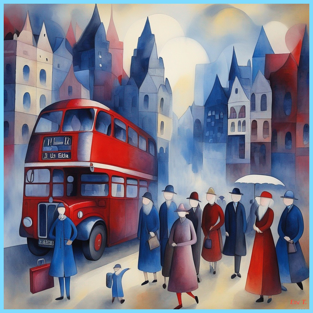 Vibrant city scene with double-decker bus and figures