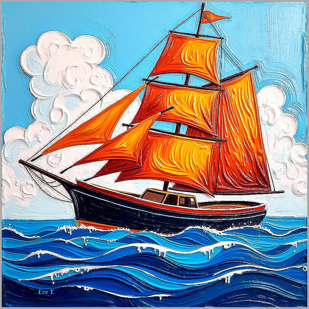 Vibrant sailing ship with orange sails on blue sea