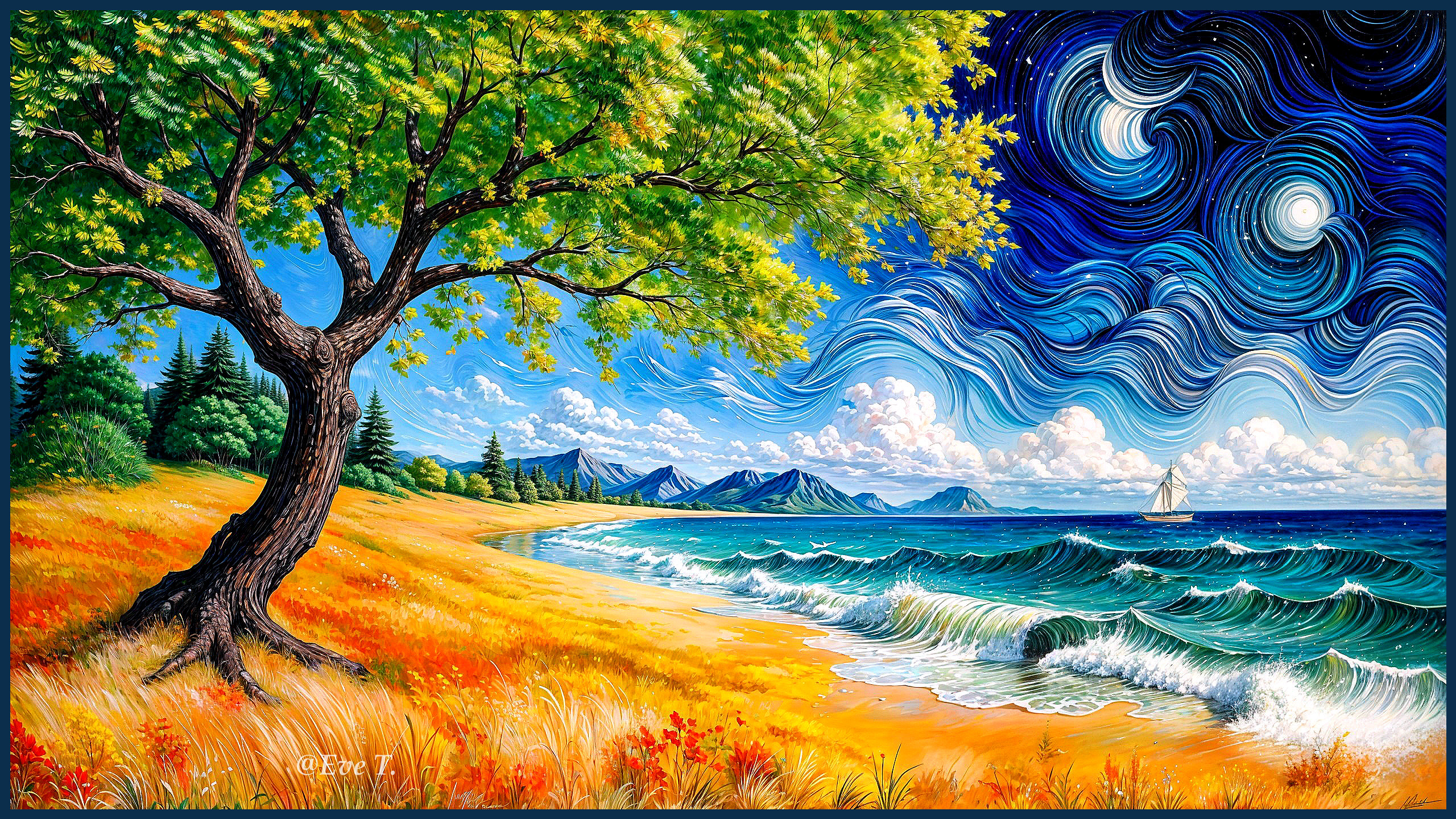 Vibrant Landscape with Tree, Beach, and Mountains