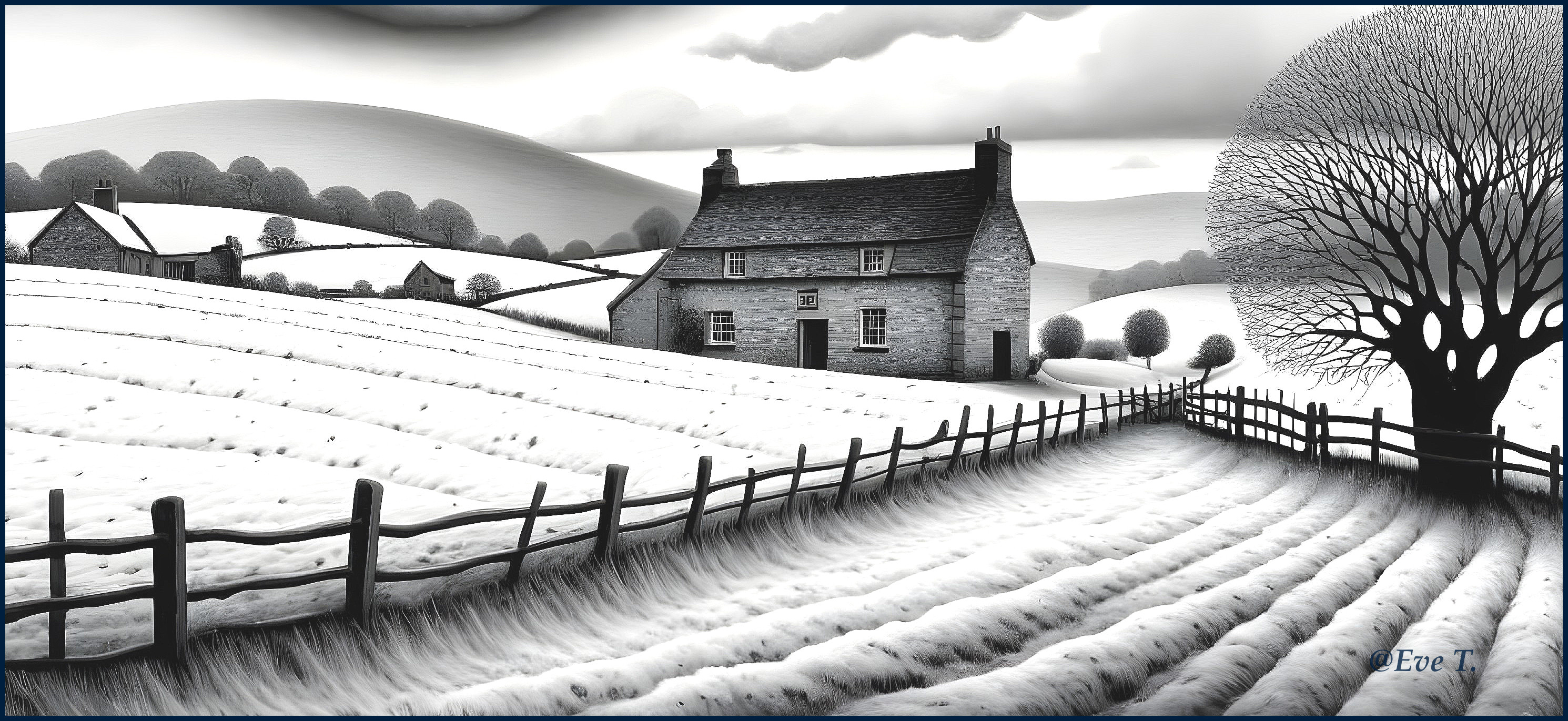 Monochrome Landscape with Farmhouse and Snowy Hills