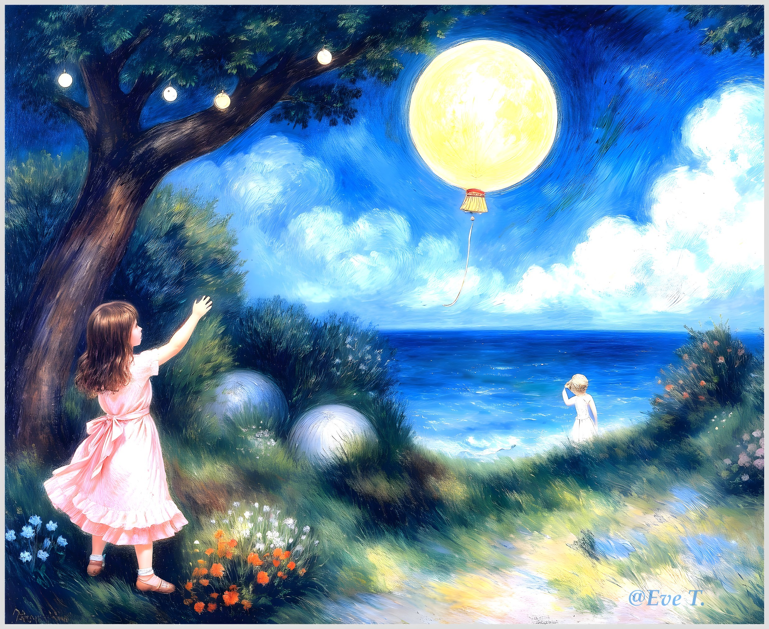 Children in a vibrant landscape with a glowing sun