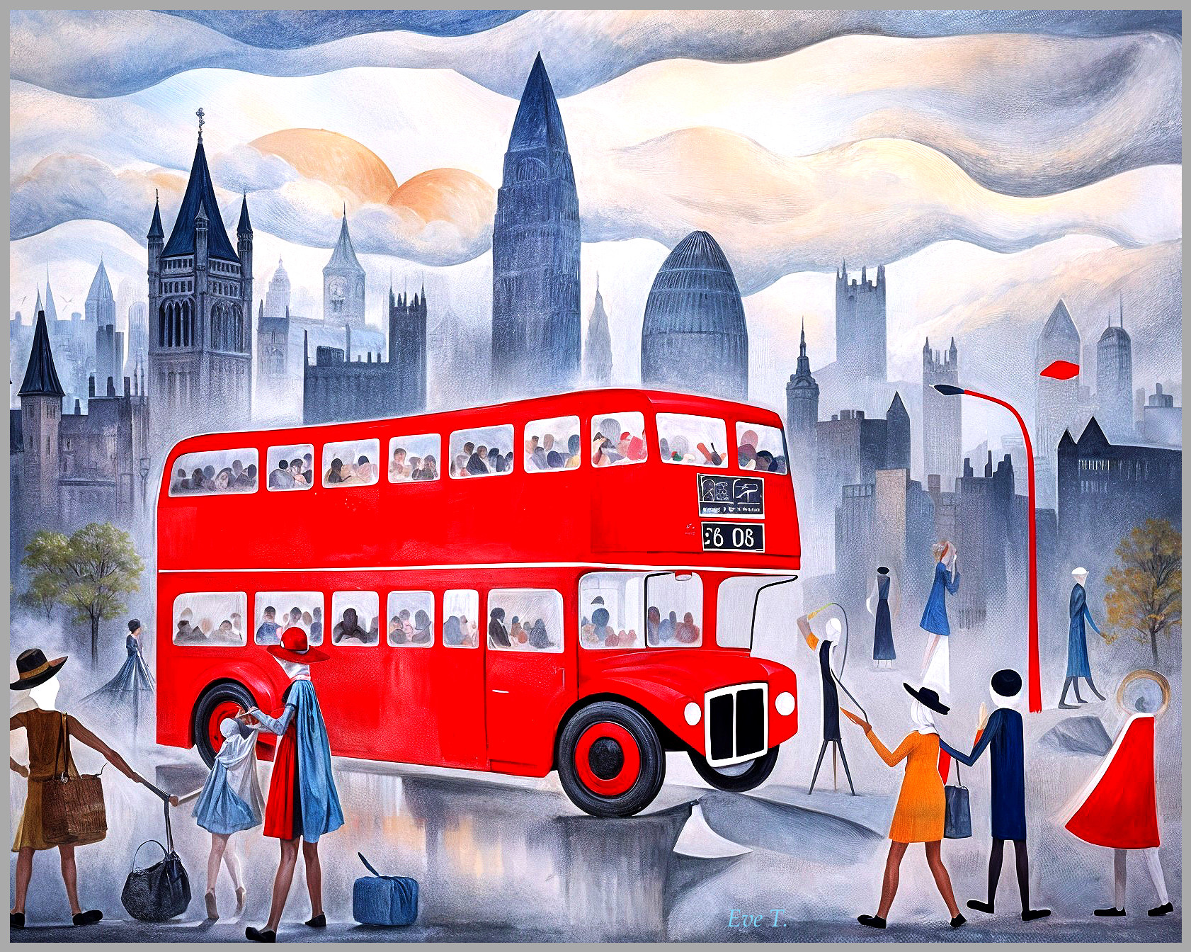 Classic Red Double-Decker Bus in Whimsical London Scene