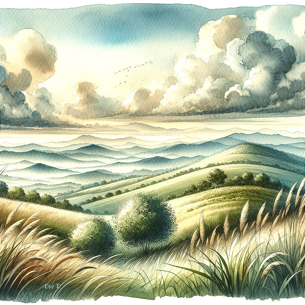 Serene landscape with rolling hills and soft clouds