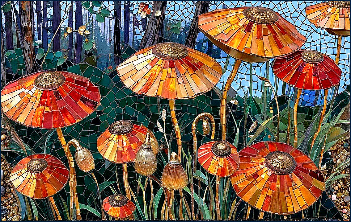 Vibrant Mosaic of Colorful Mushrooms and Foliage