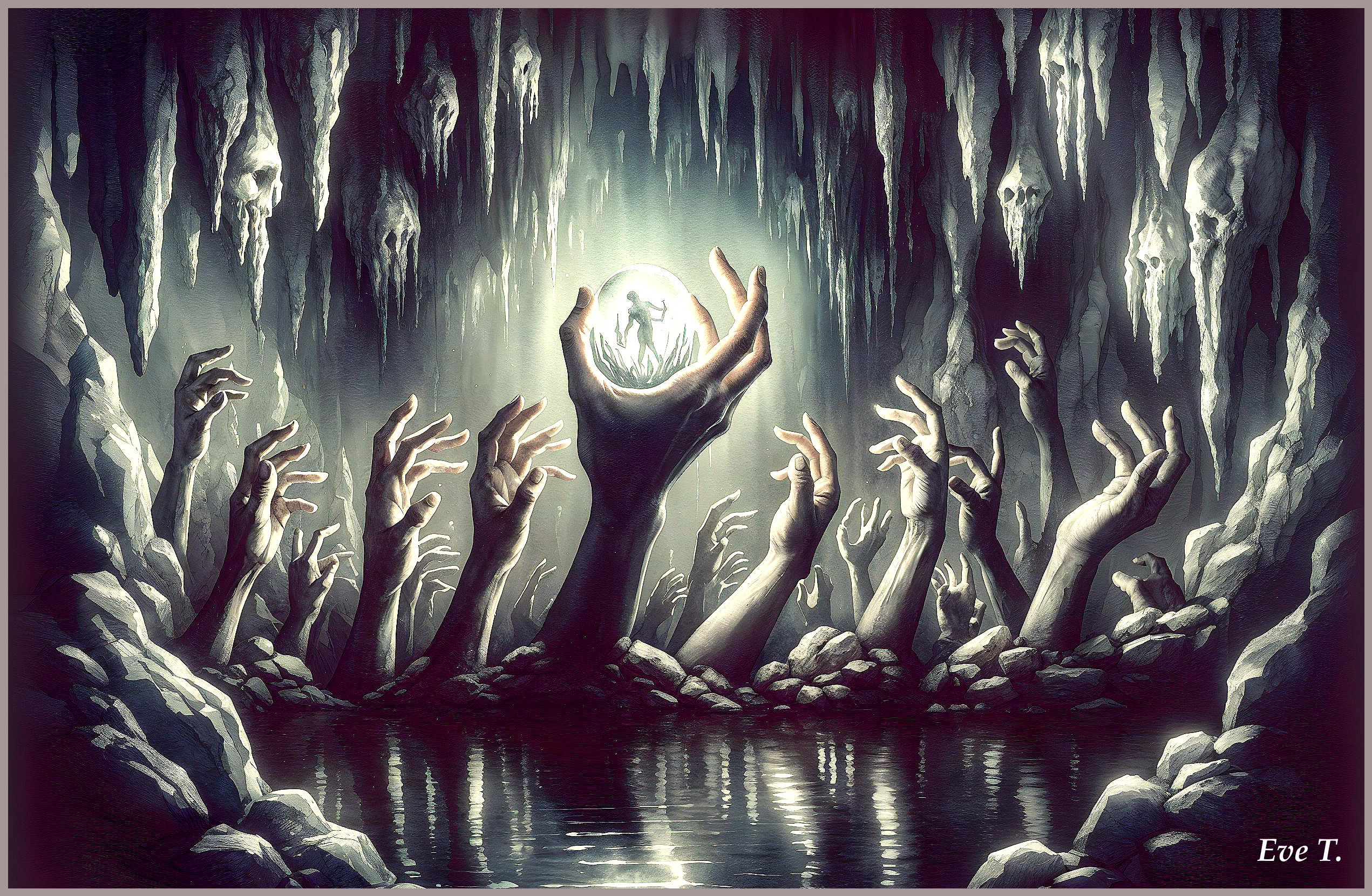 Eerie Cave Scene with Skeletal Hands and Glowing Orb