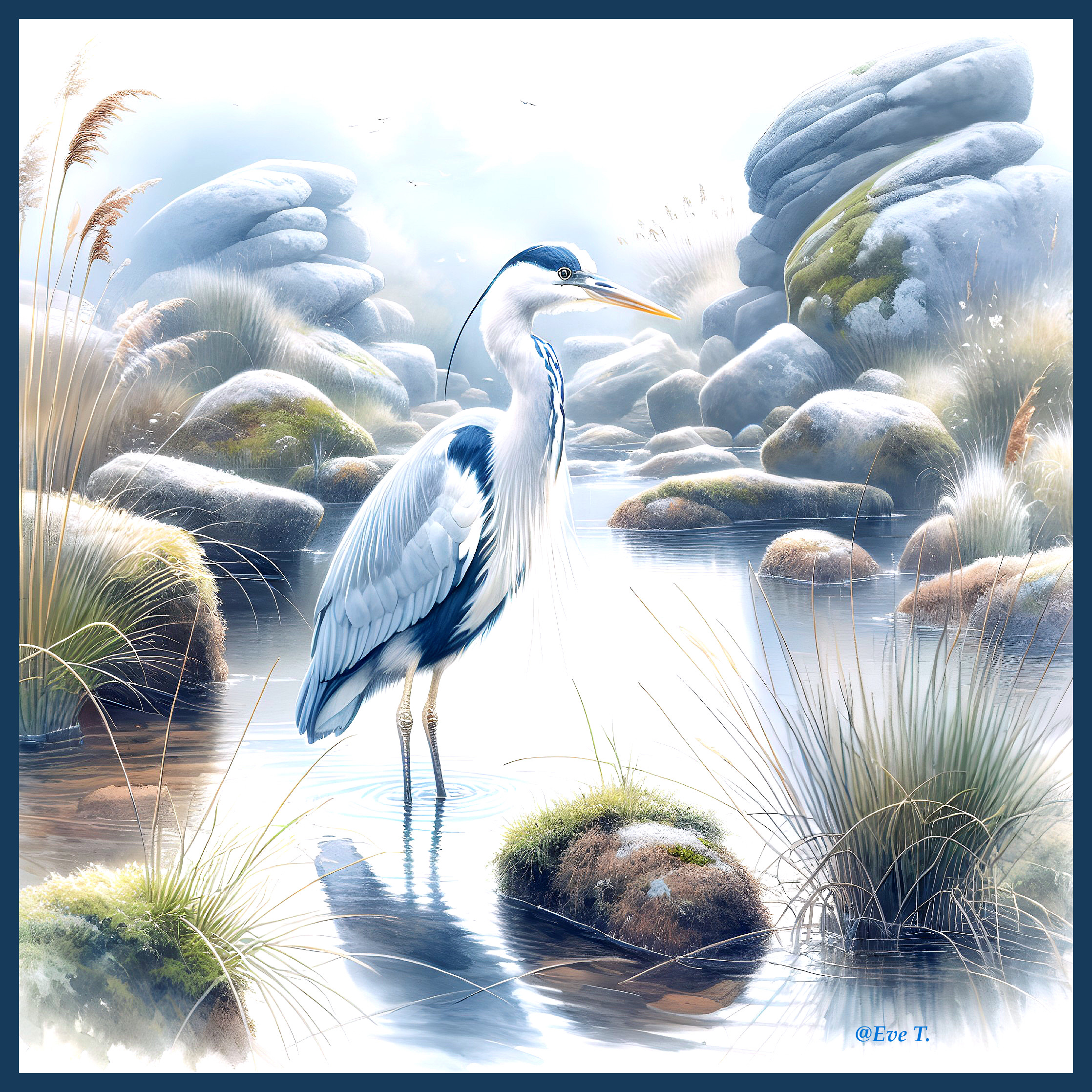 Heron in Tranquil Pond Surrounded by Lush Nature