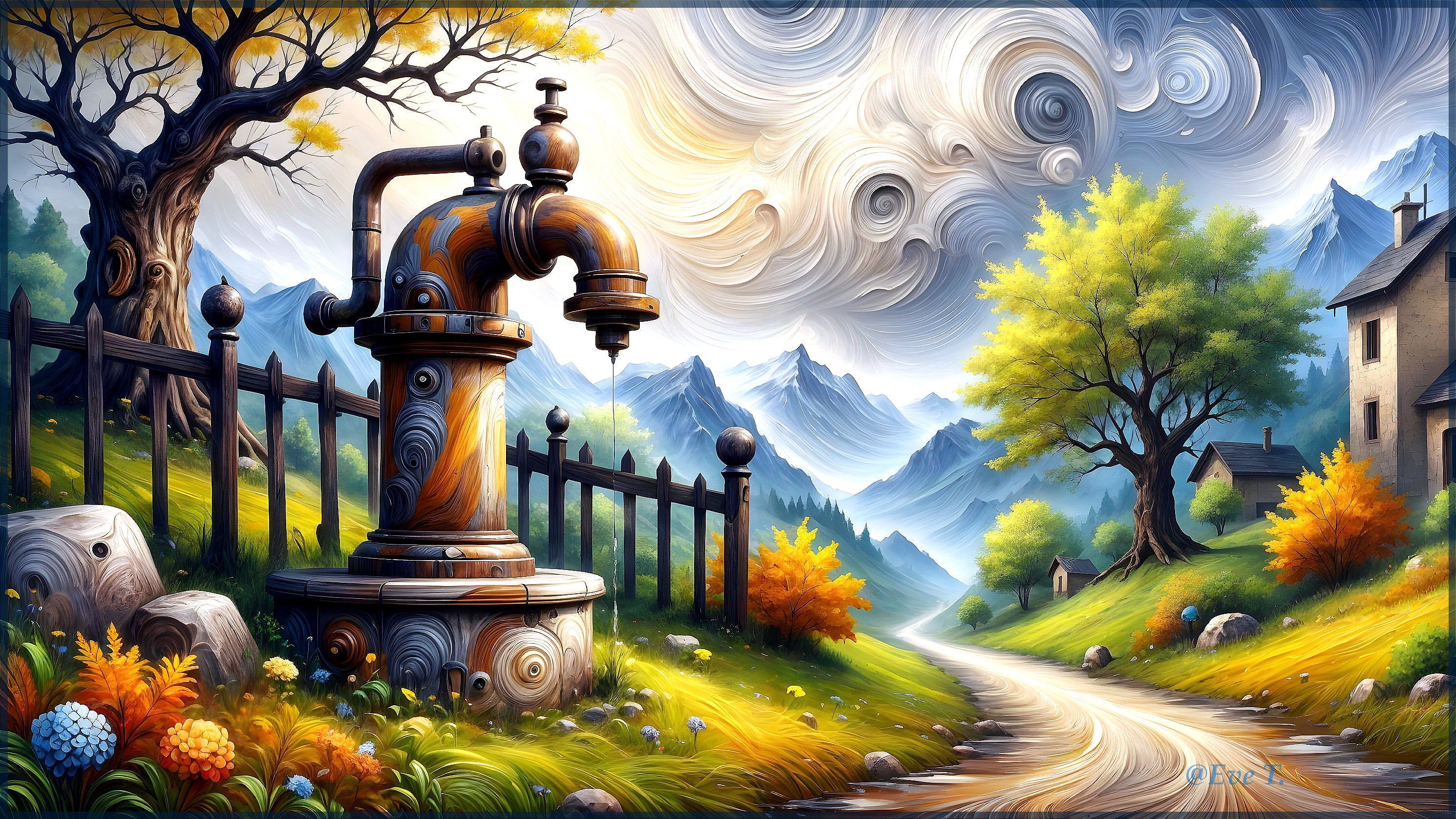 Vibrant Countryside Landscape with Vintage Water Pump