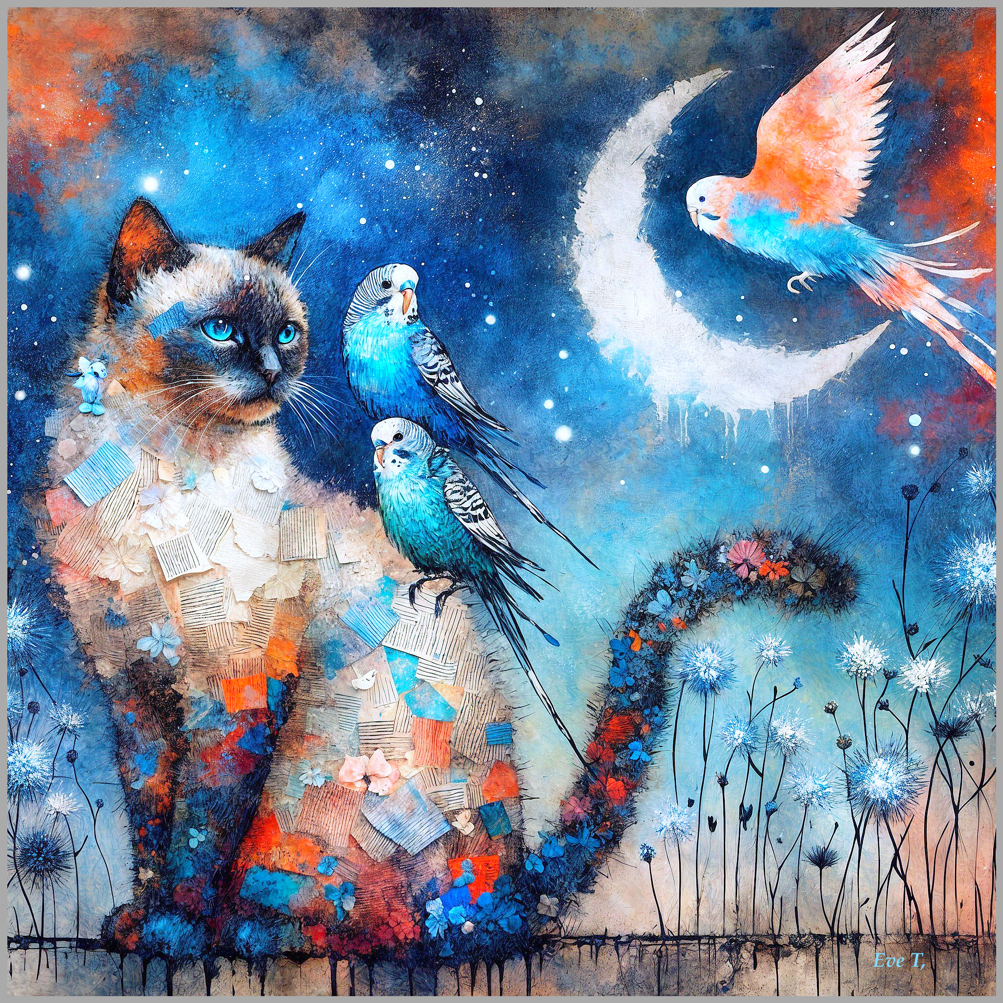 Textured Cat in Starry Sky with Colorful Birds