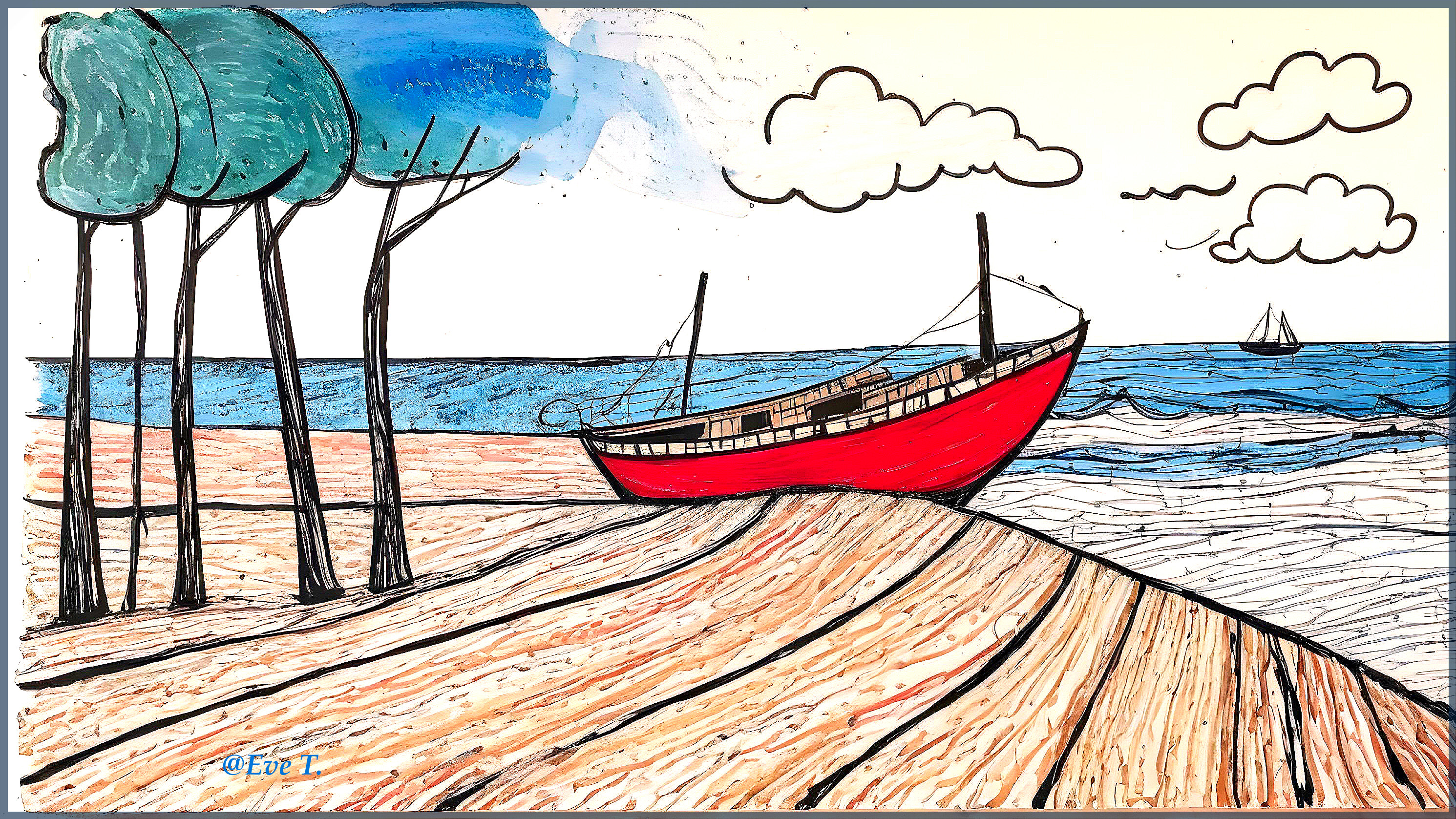 Vibrant Illustration of a Red Boat on Sandy Shore