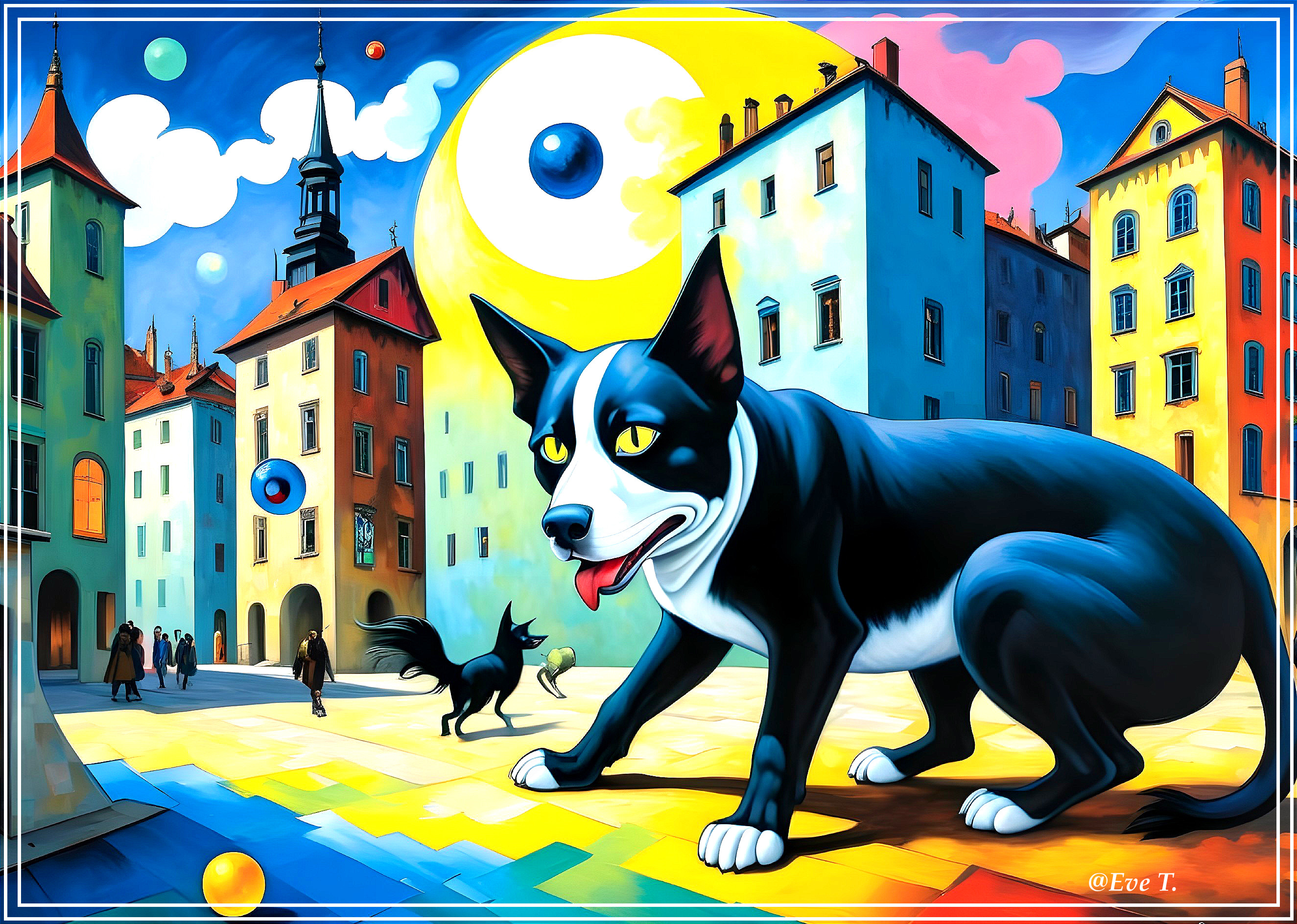 Surreal cityscape with colorful buildings and animals
