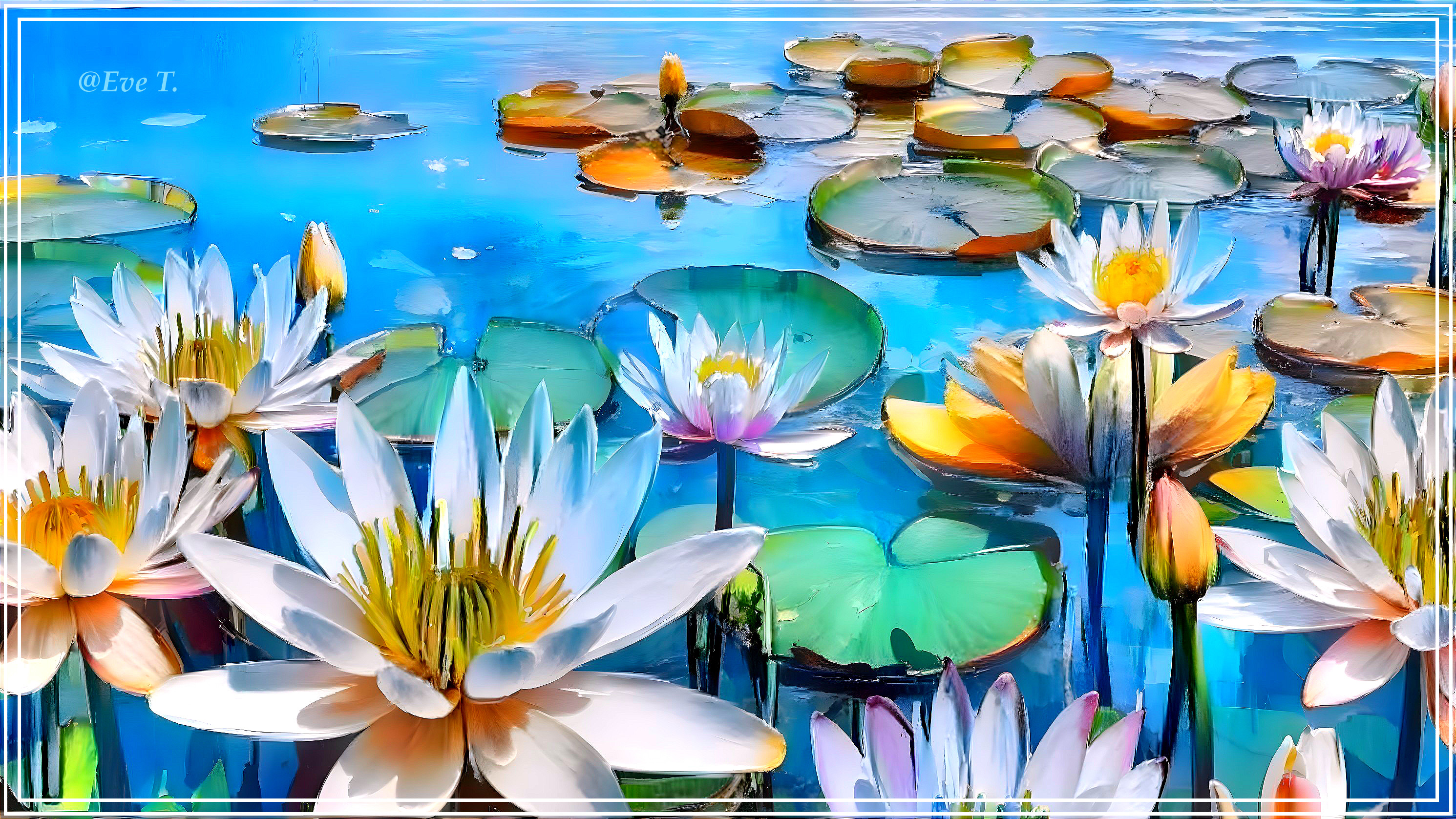 Vibrant Water Lilies on Tranquil Blue Water Surface