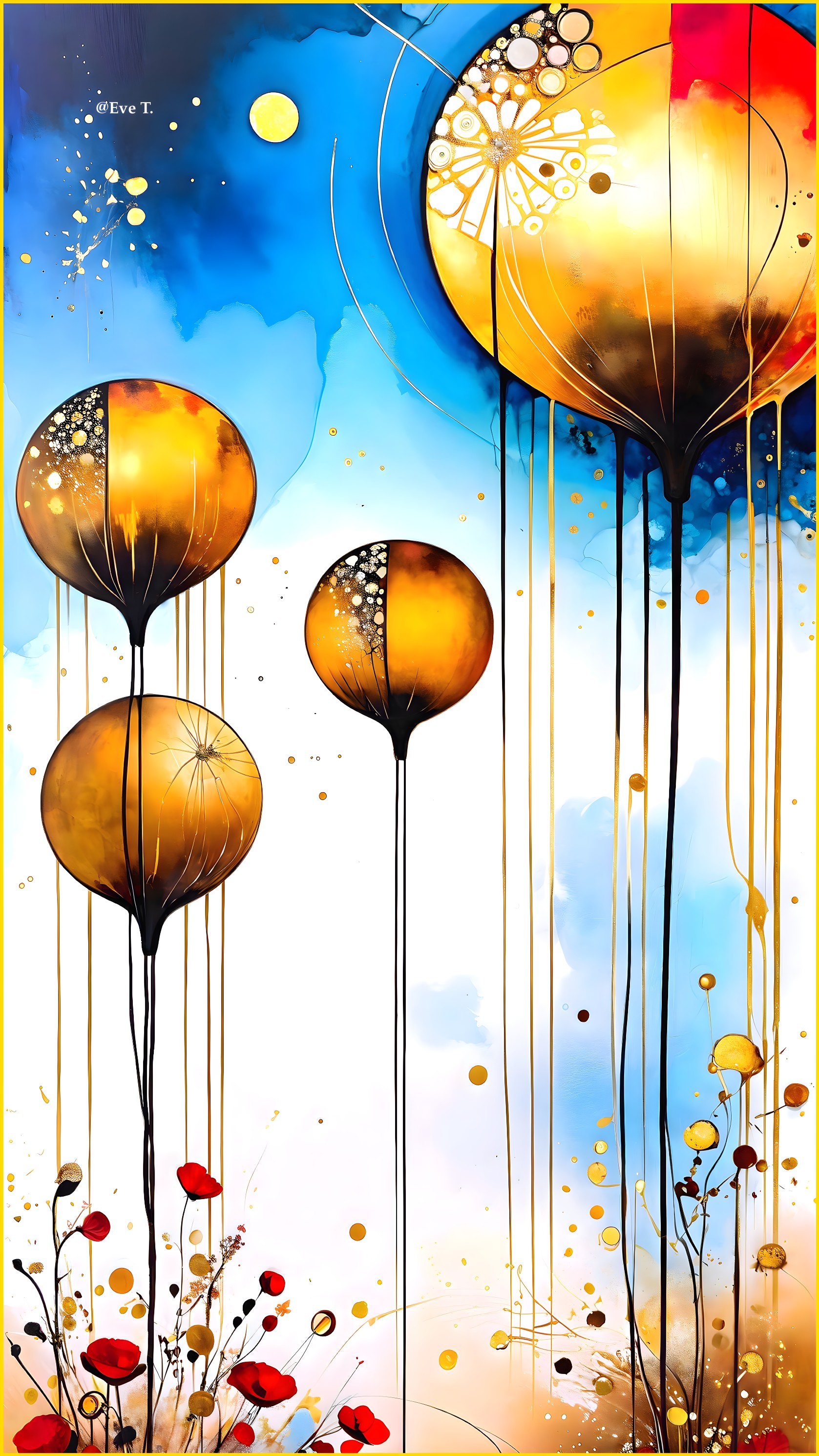 Vibrant Abstract Painting with Gold Balloons and Floral Elements