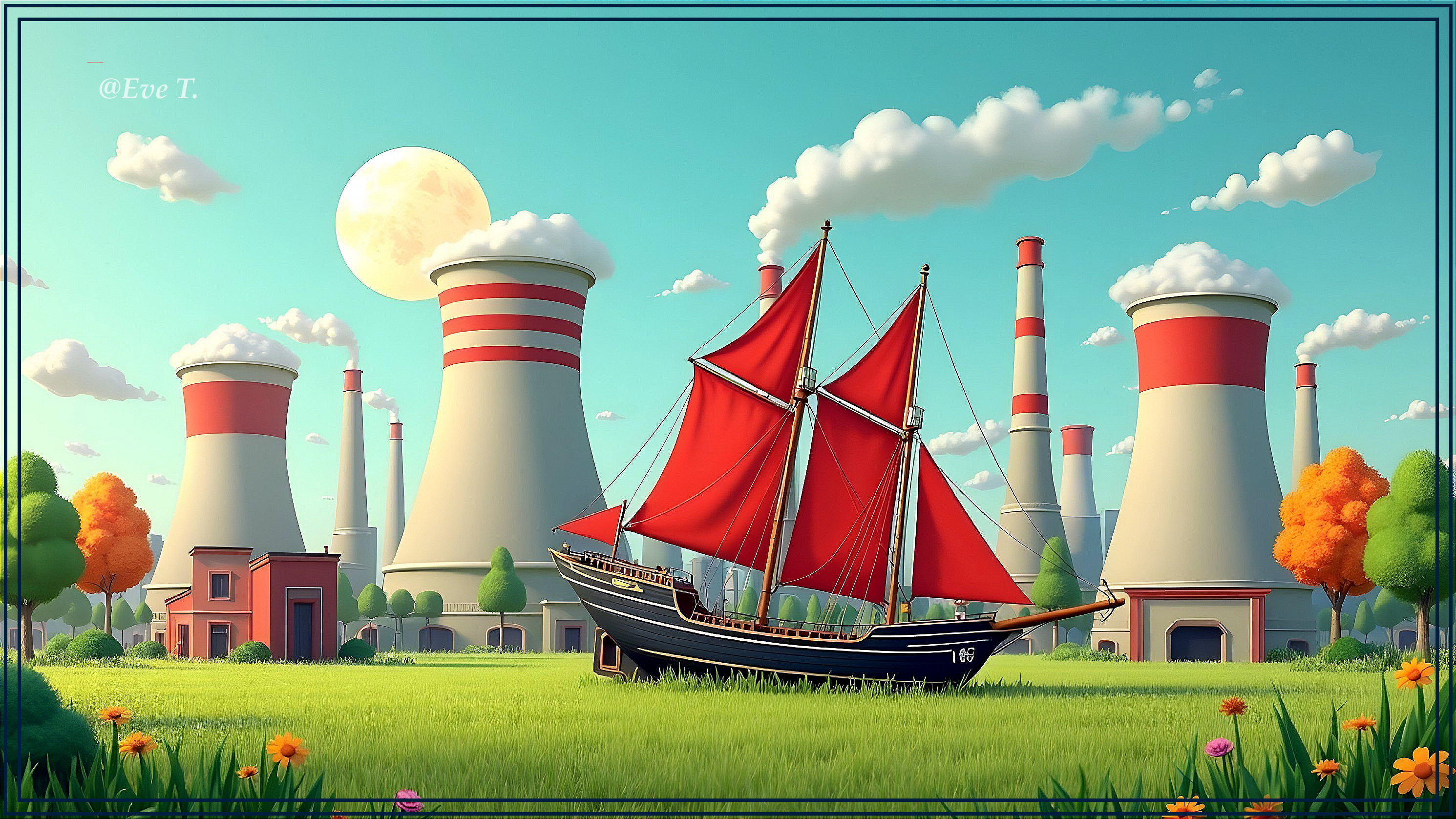 Traditional Sailing Ship with Red Sails in Landscape